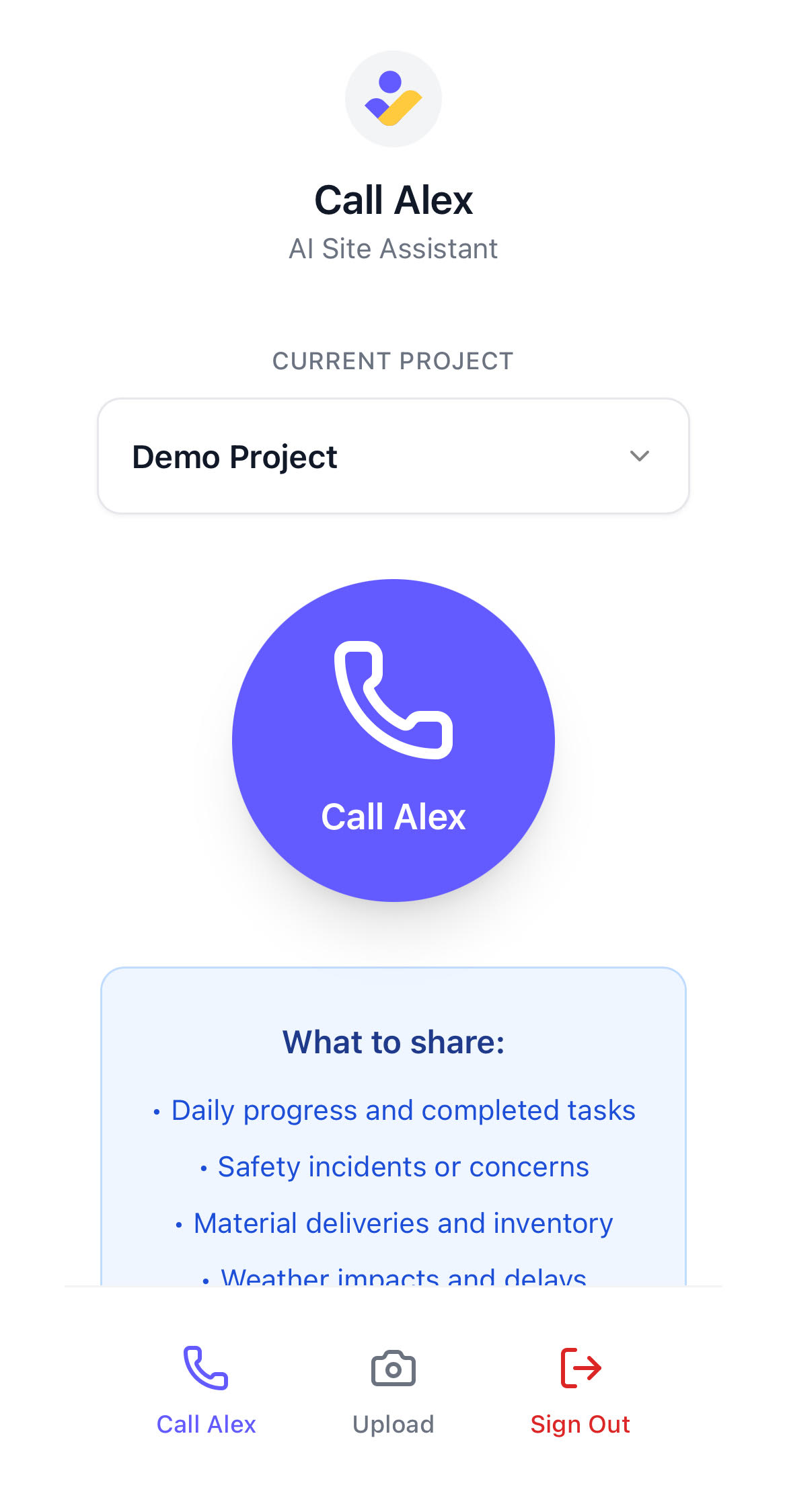 Site app call screen showing Alex calling interface