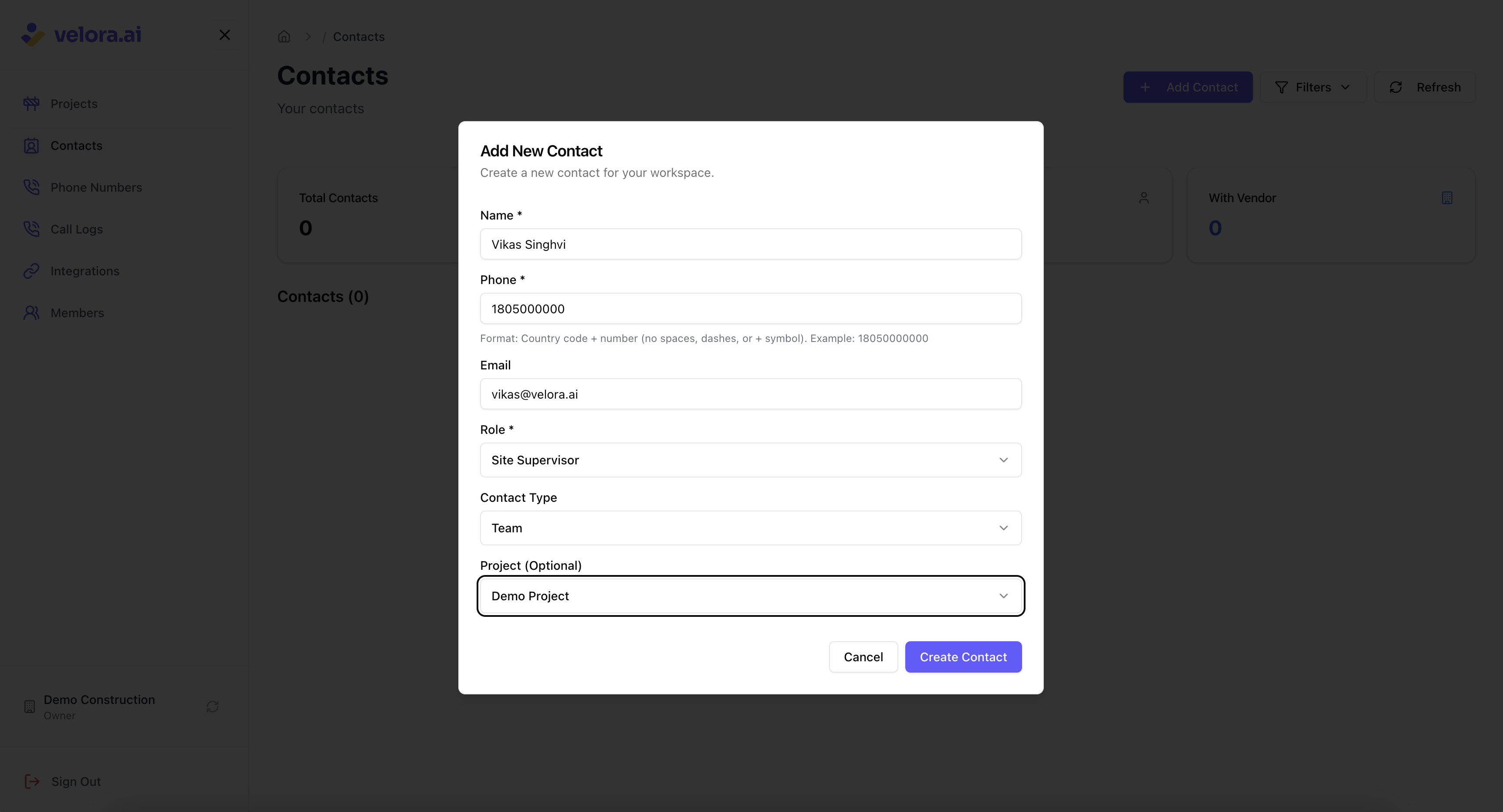 Add Contact Dialog Form