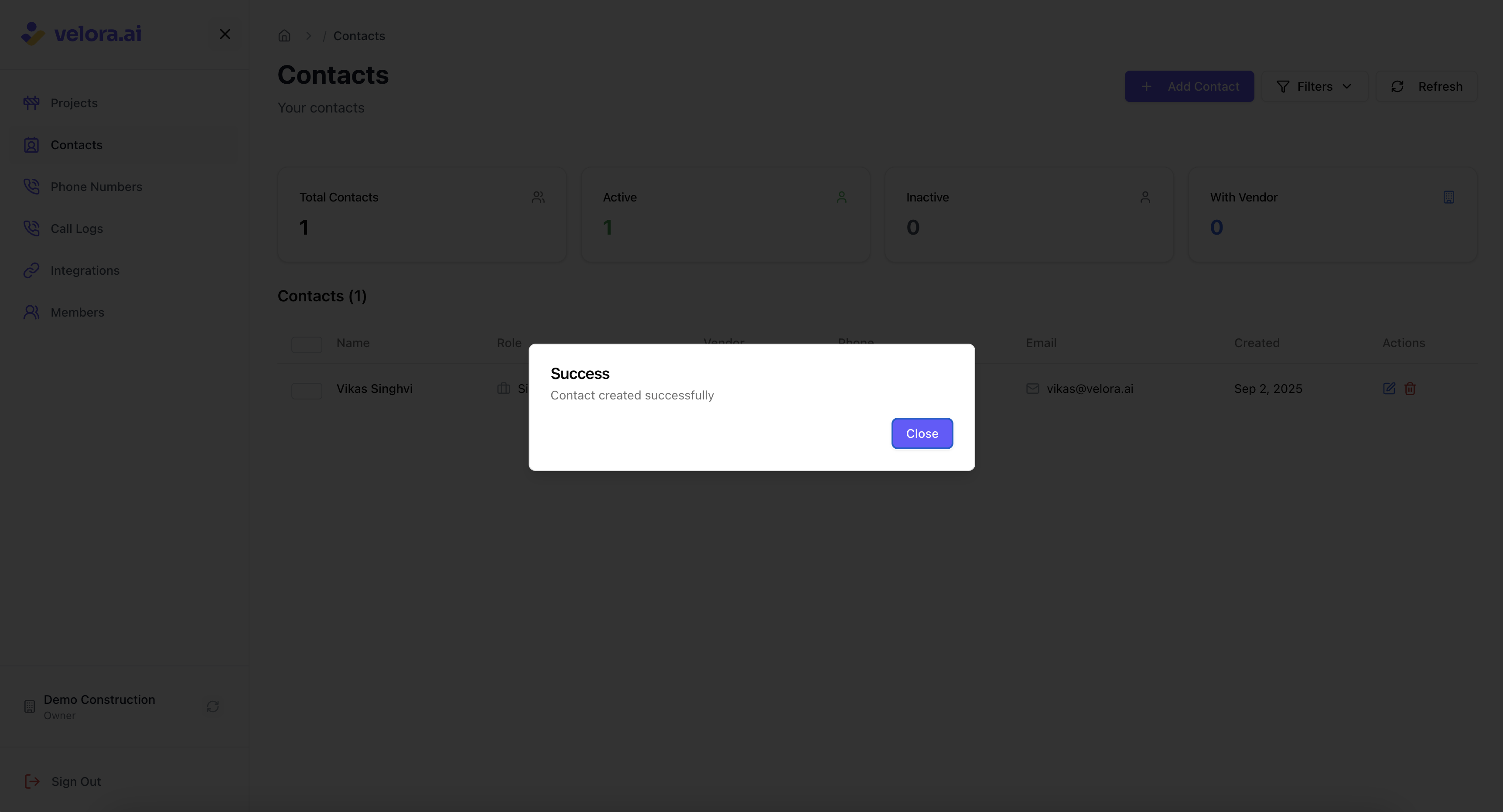 Contact Added Successfully