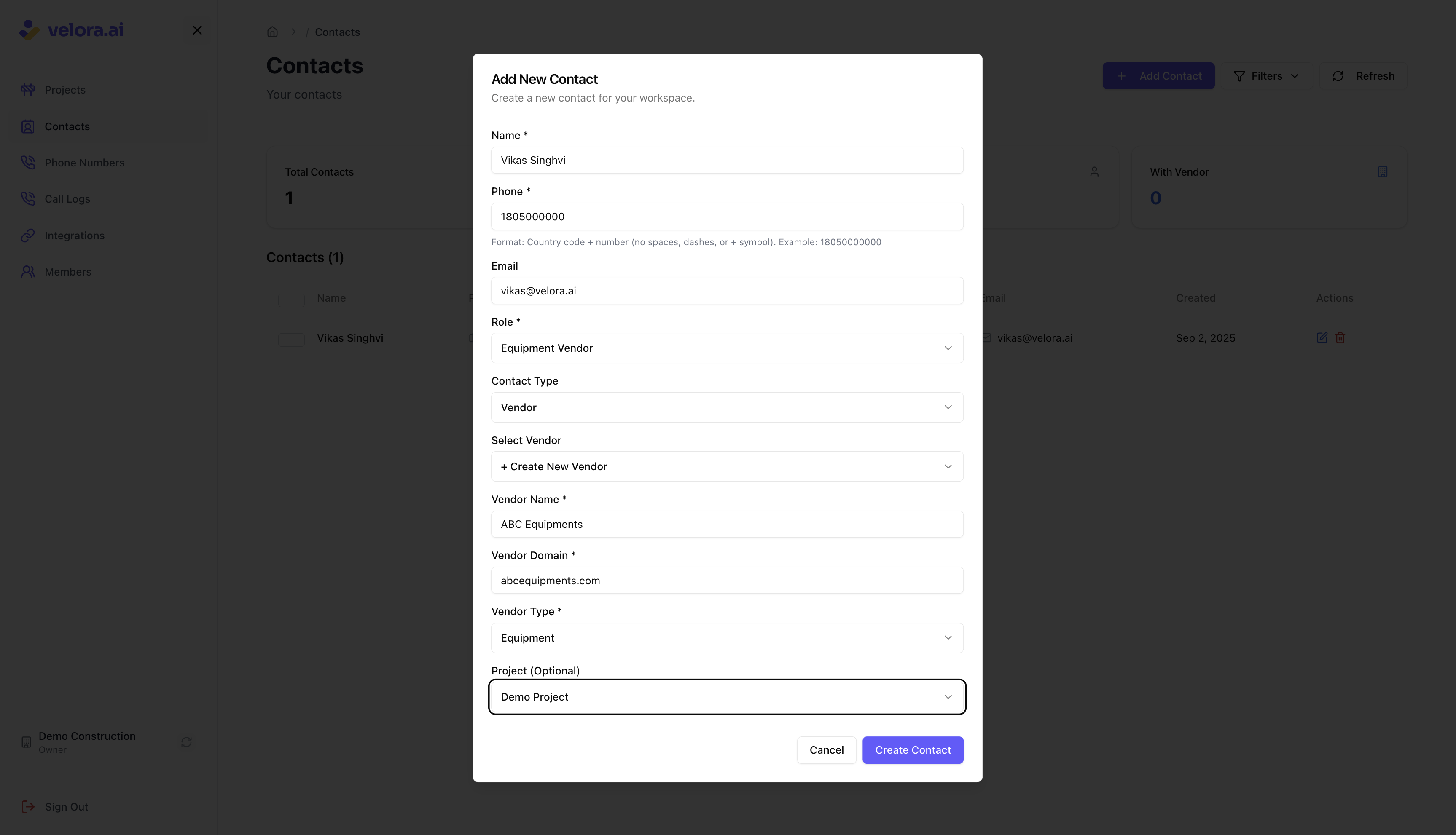 Add Vendor Contact Interface