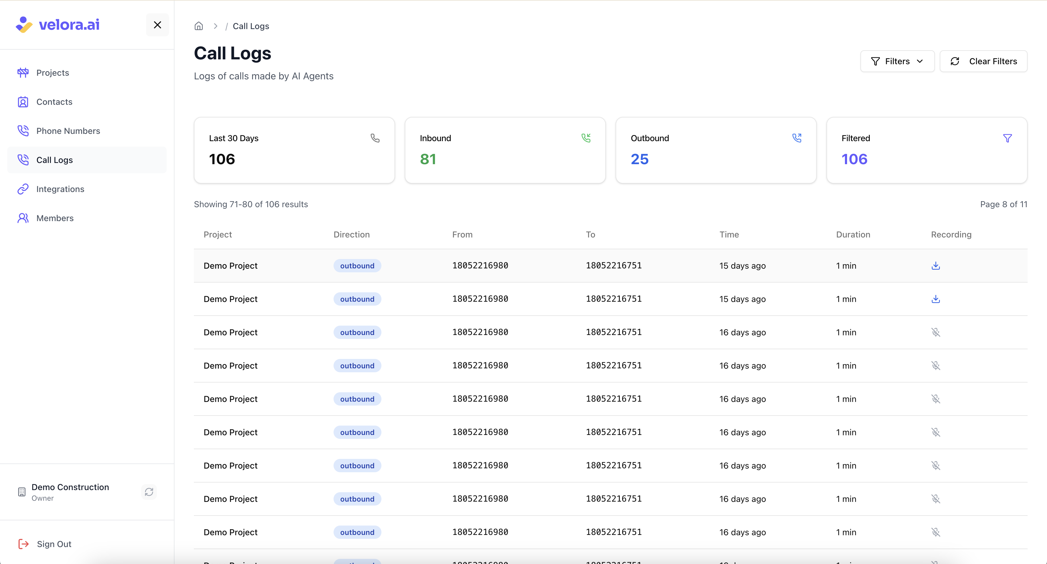 Access call logs and communication history Call Logs interface showing communication history across construction projects