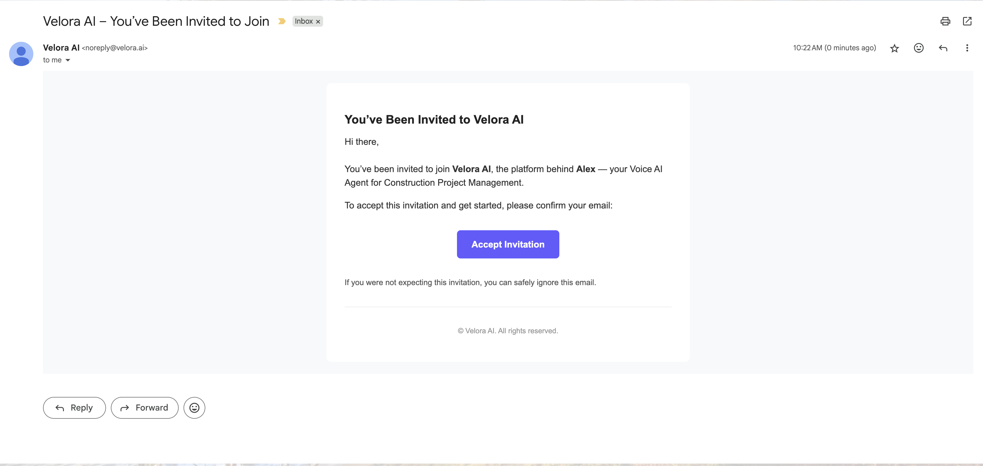 Team member invitation to construction project management workspace Workspace Invitation Email for Voice AI Construction Platform