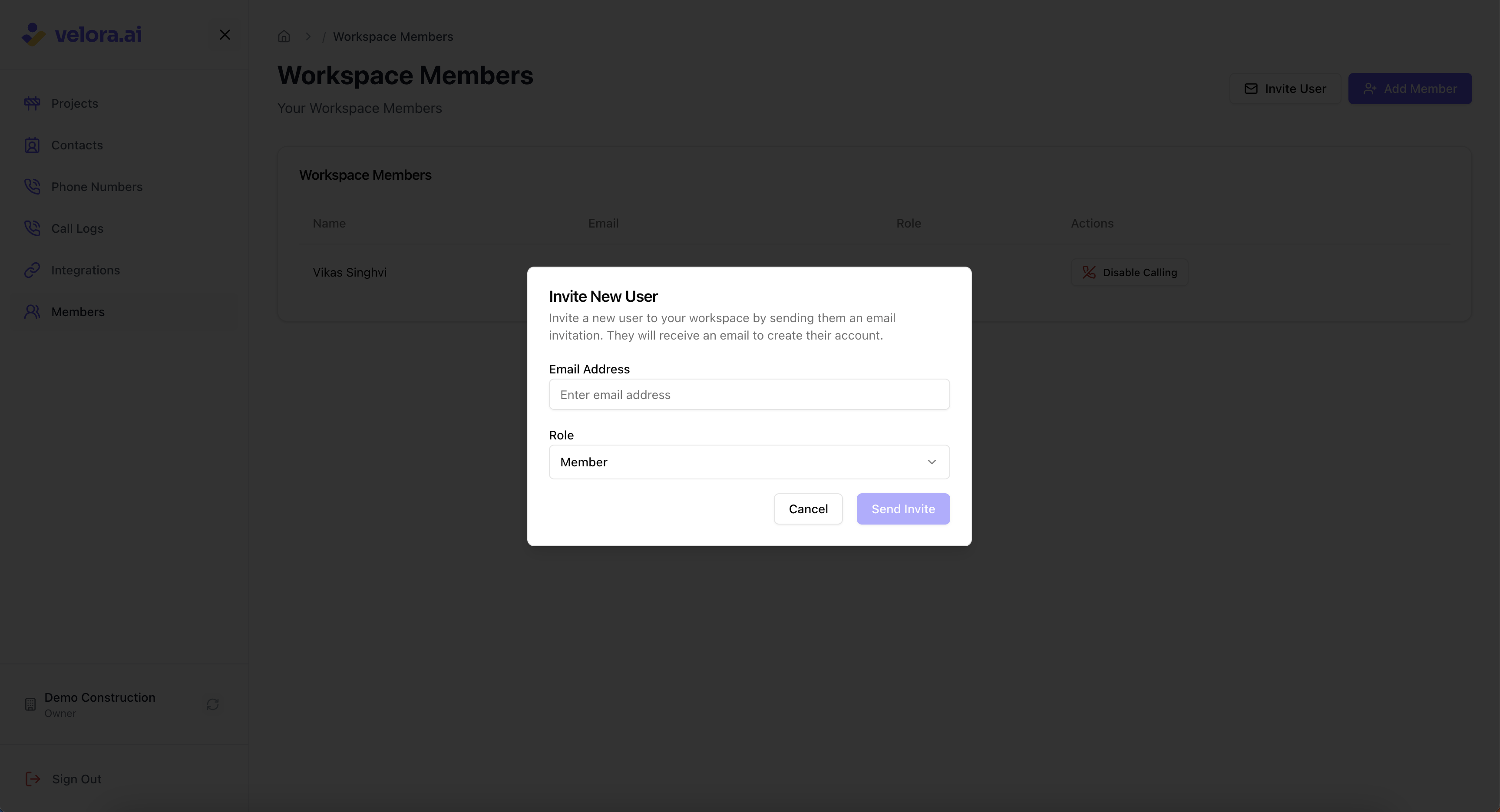 Configure team member access for Voice AI platform Invite User Dialog Form for Construction Project Management