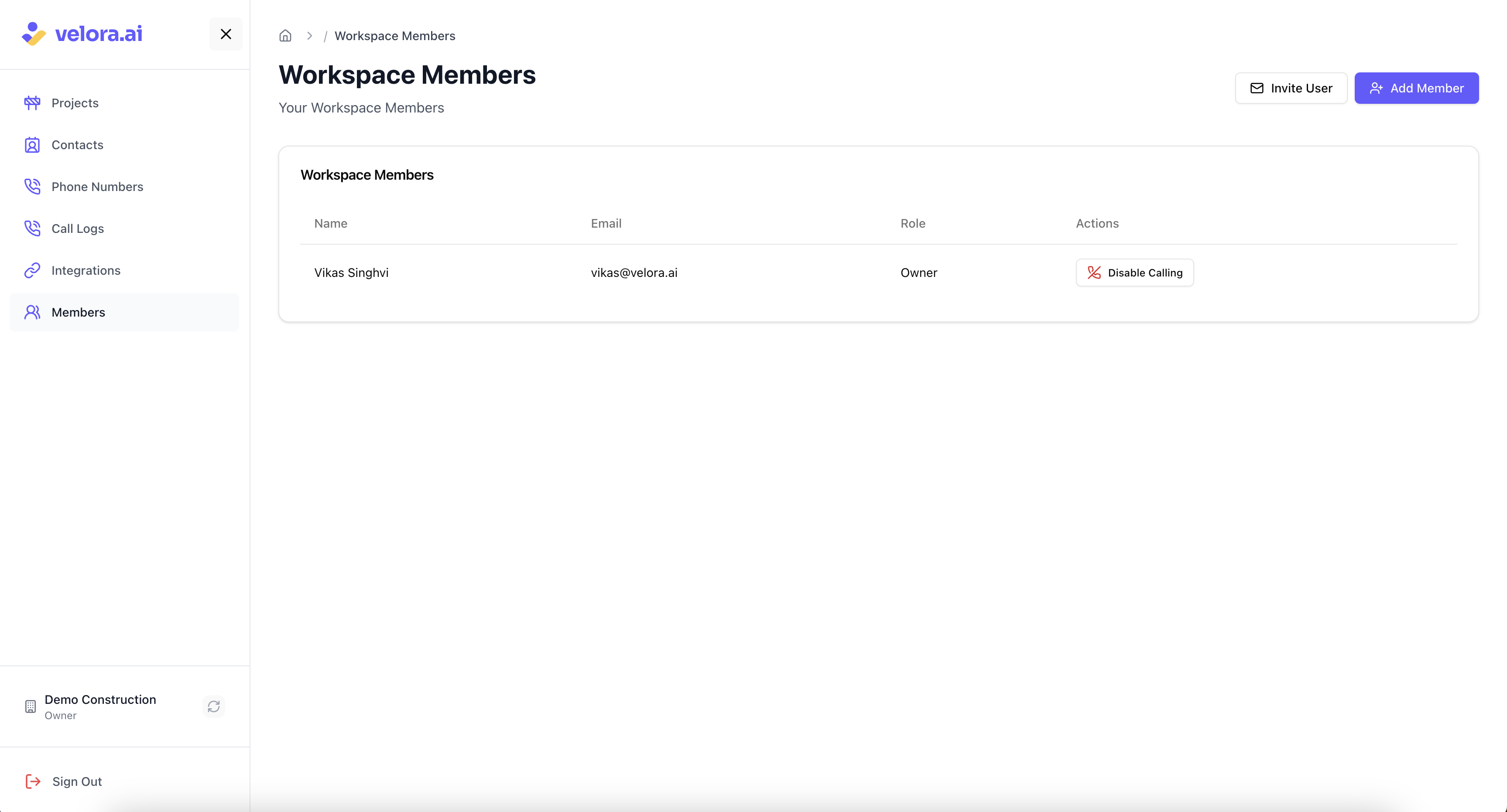 Add team members to your construction project workspace Invite User Button for Voice AI Construction Project Management