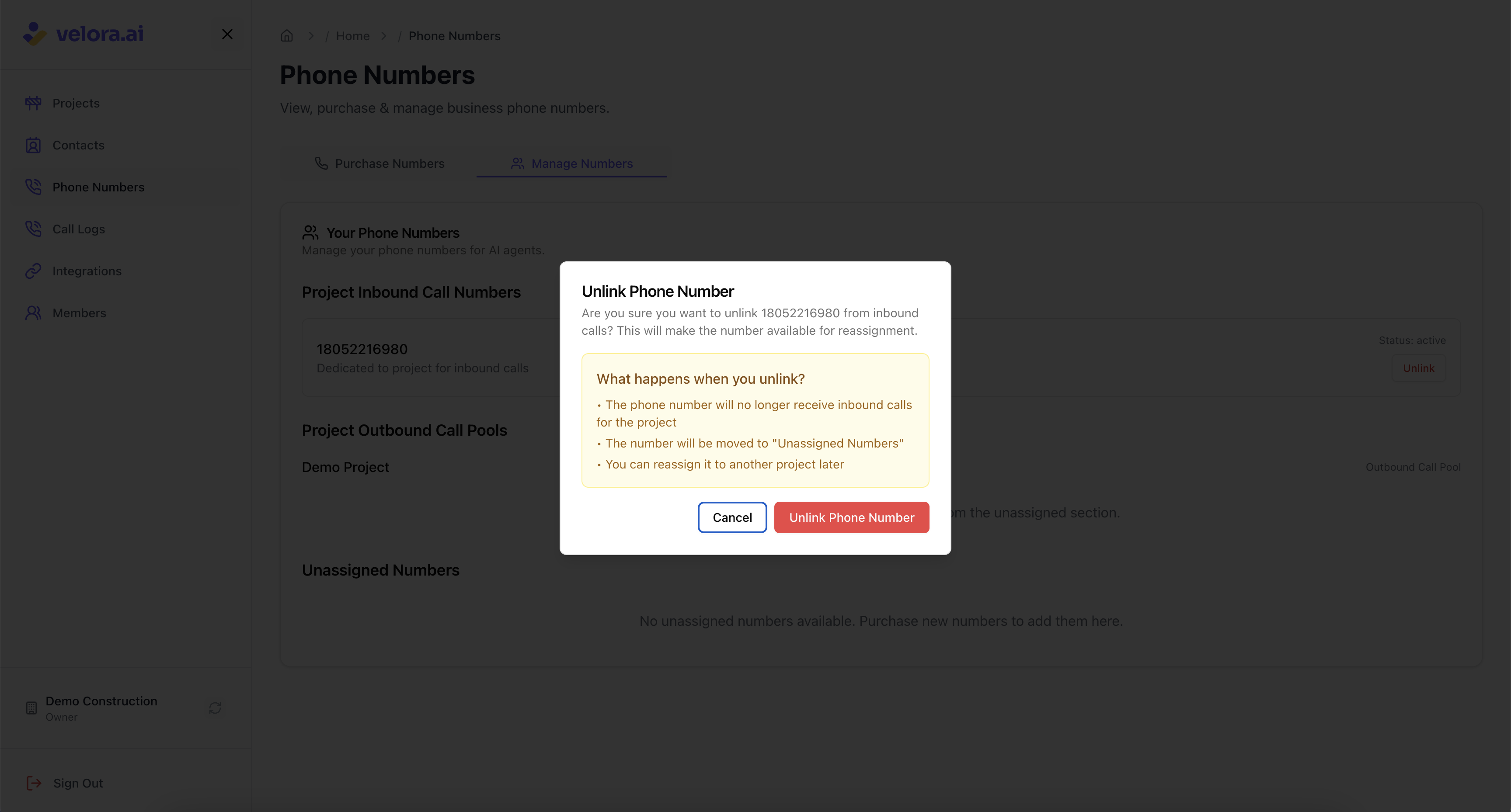 Remove inbound phone number assignment Unlink inbound phone number from construction project