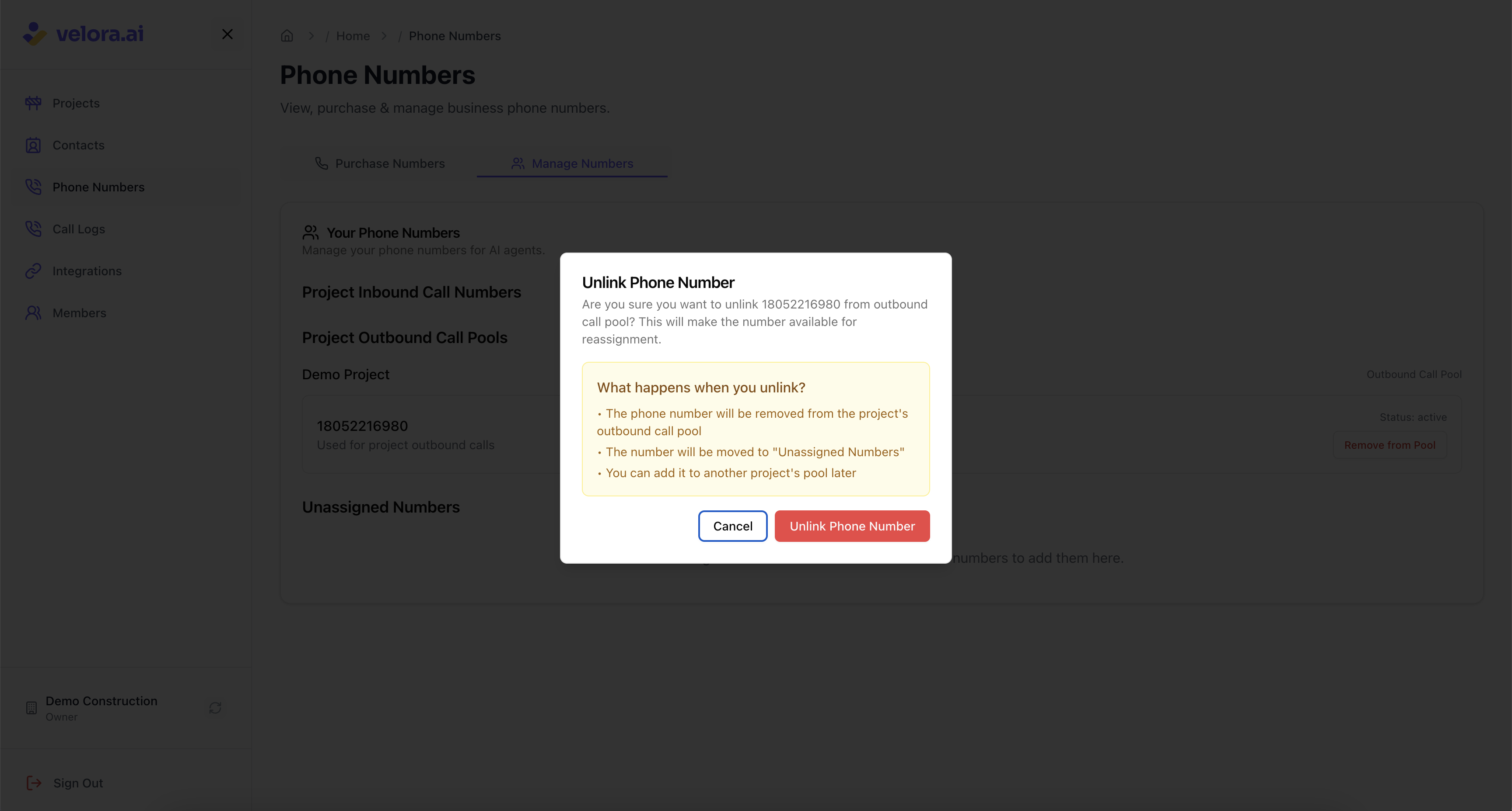 Remove outbound phone number assignment Unlink outbound phone number from construction project