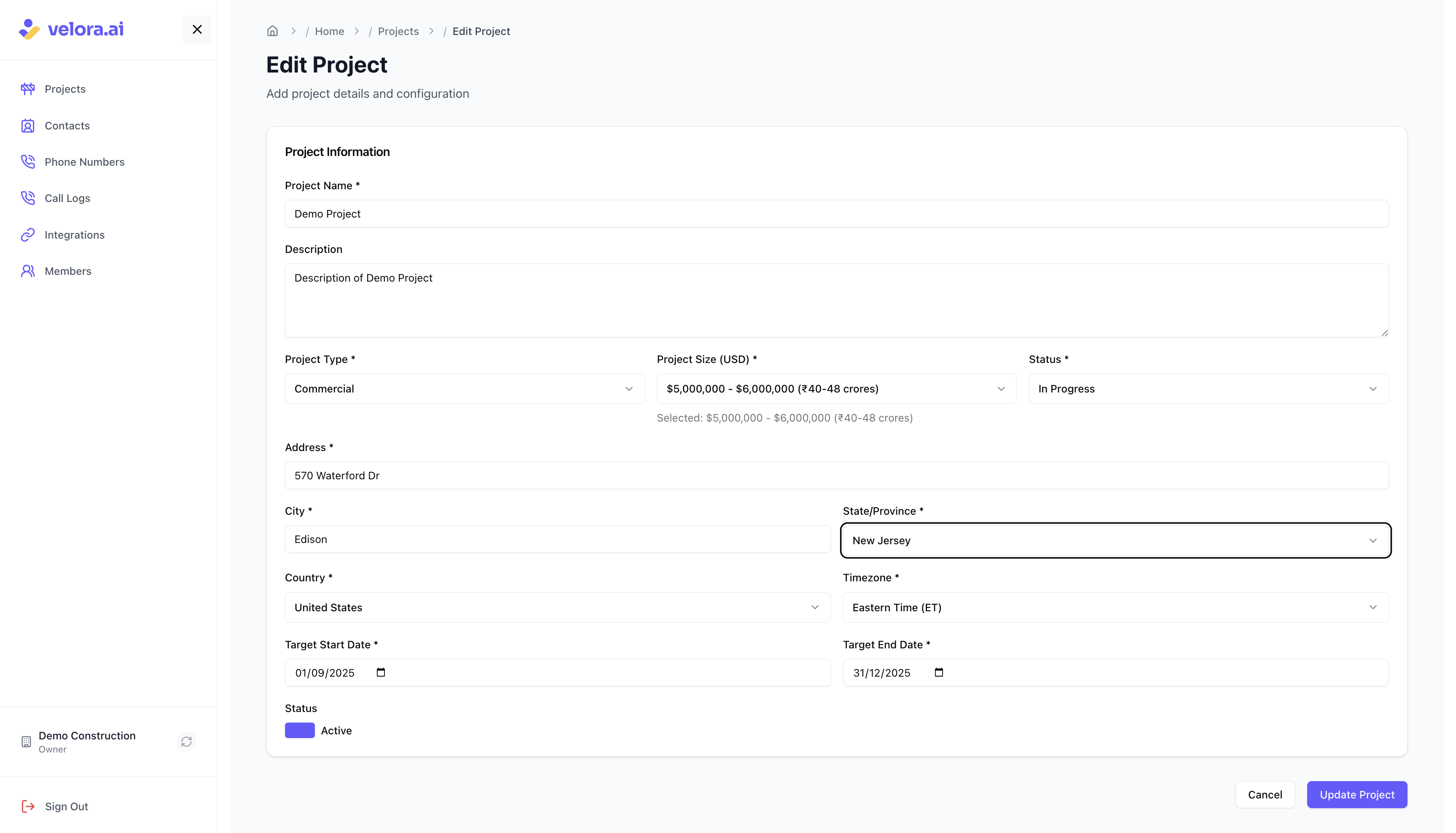 Edit project information Edit project details interface