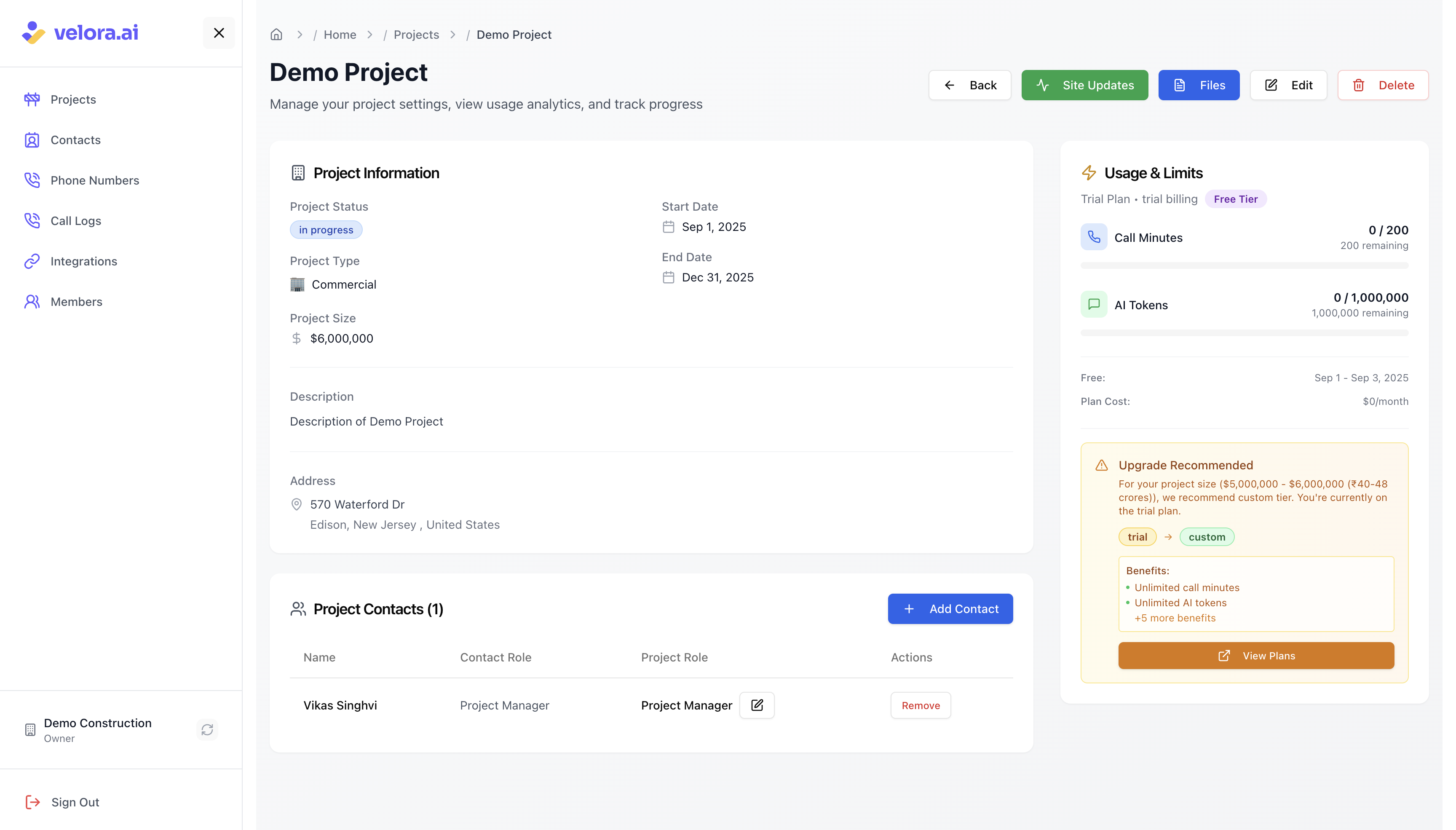 Access project details and management Project details and management interface