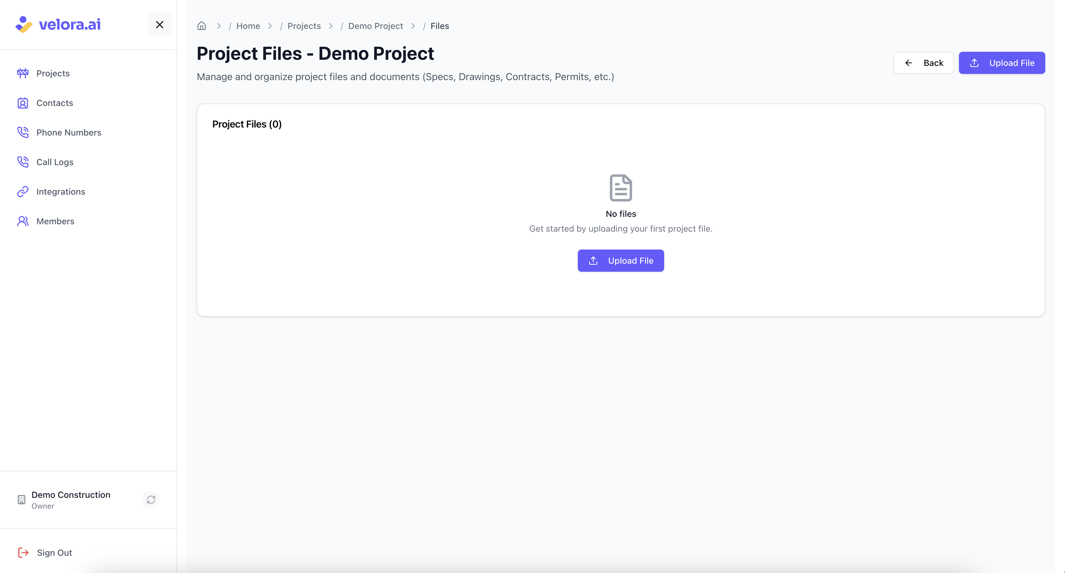 Access project files and document management Project Files main interface for Voice AI Construction Project Management