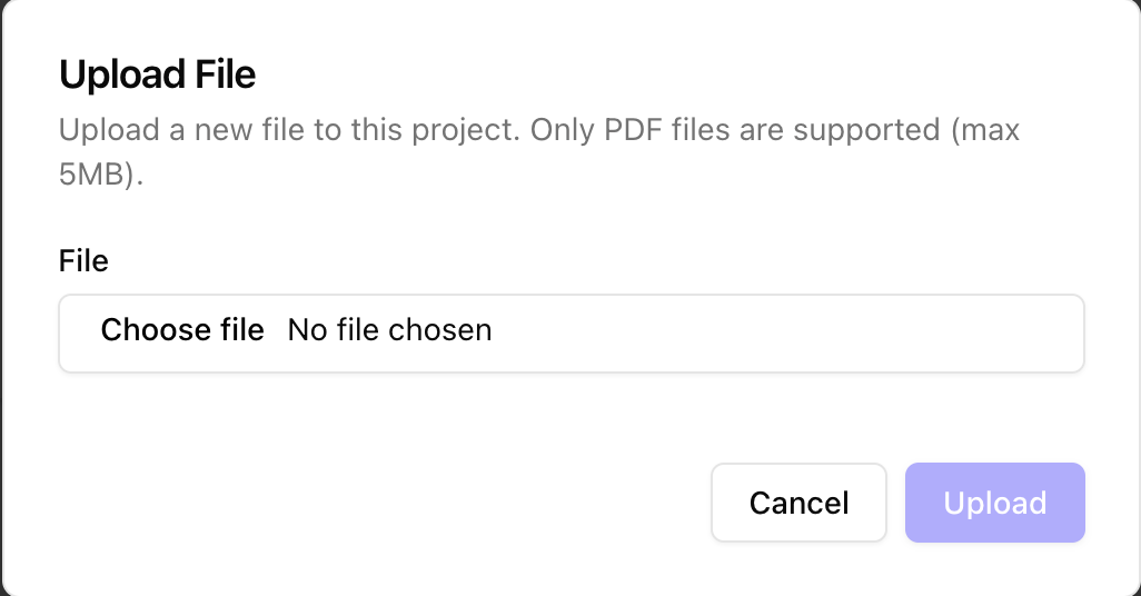 Upload new project files Upload file dialog for project files
