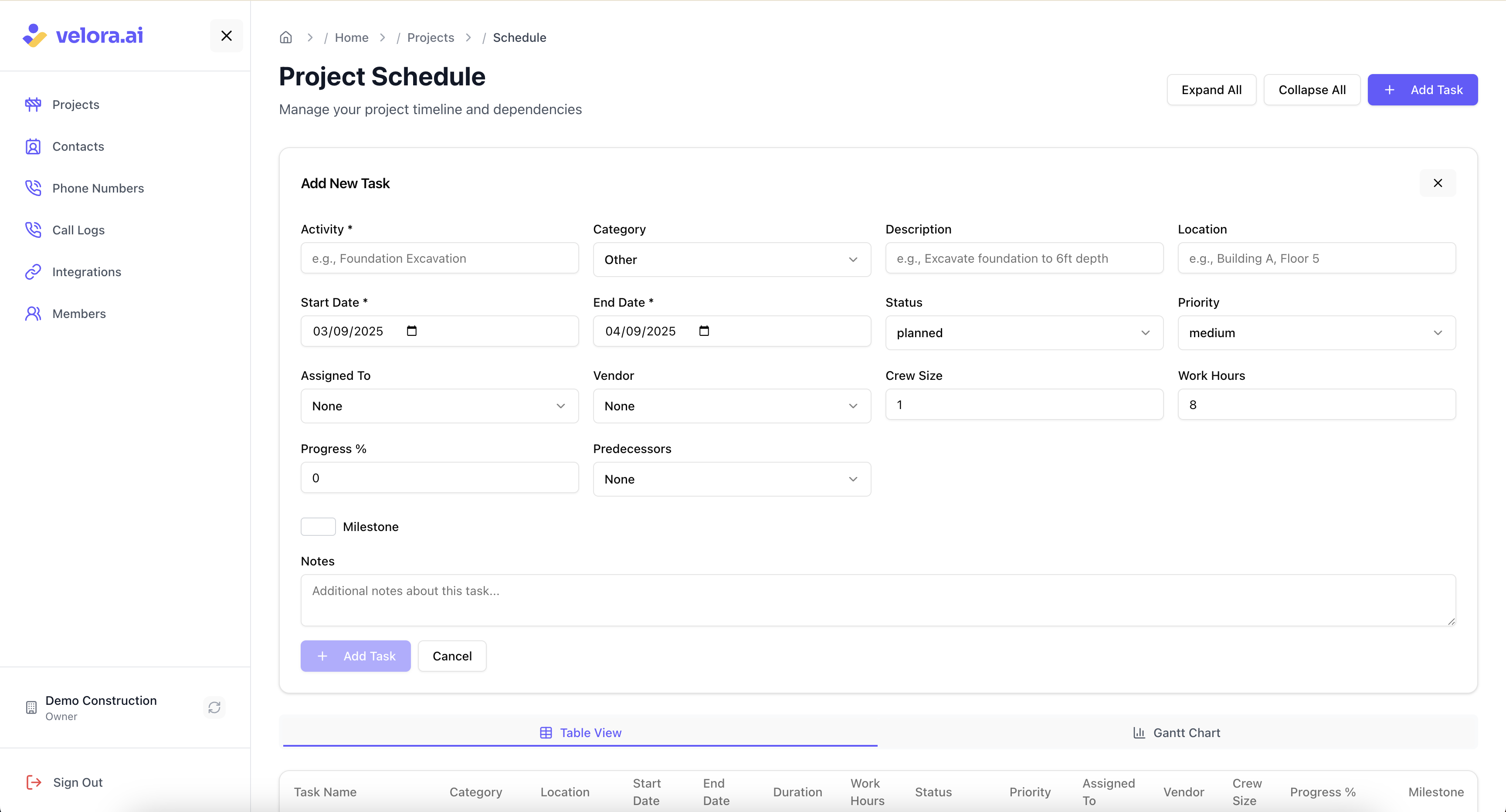 Create new project tasks Add new task to project schedule