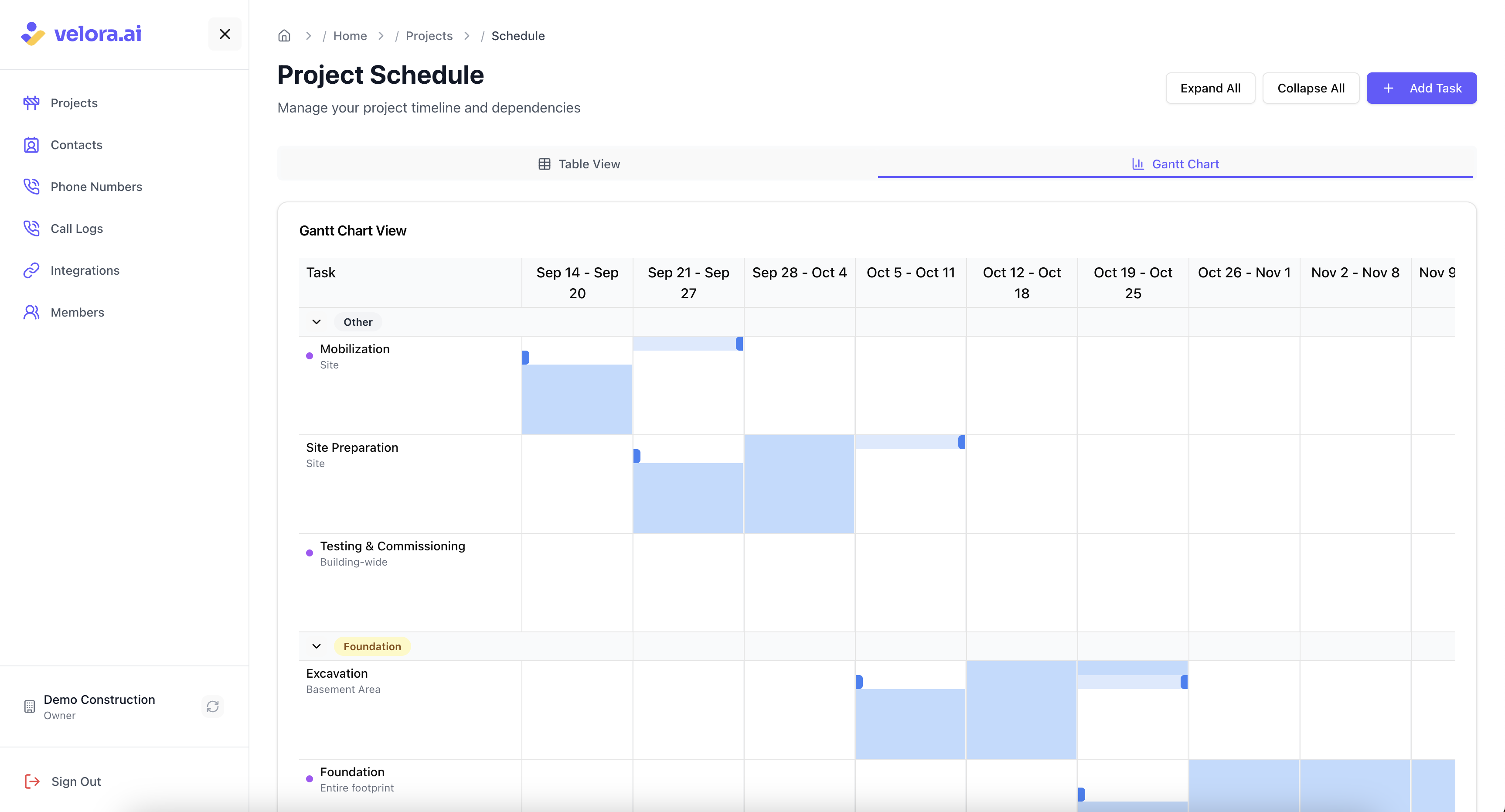 Gantt chart for visual timeline management Project Schedule Gantt chart view for construction project management