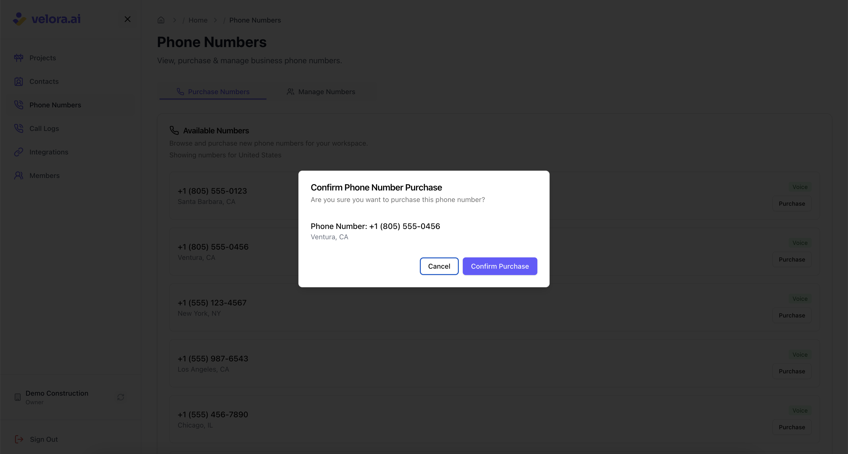 Confirm phone number purchase for Voice AI Construction Project Management Confirm phone number purchase for Voice AI Construction Project Management