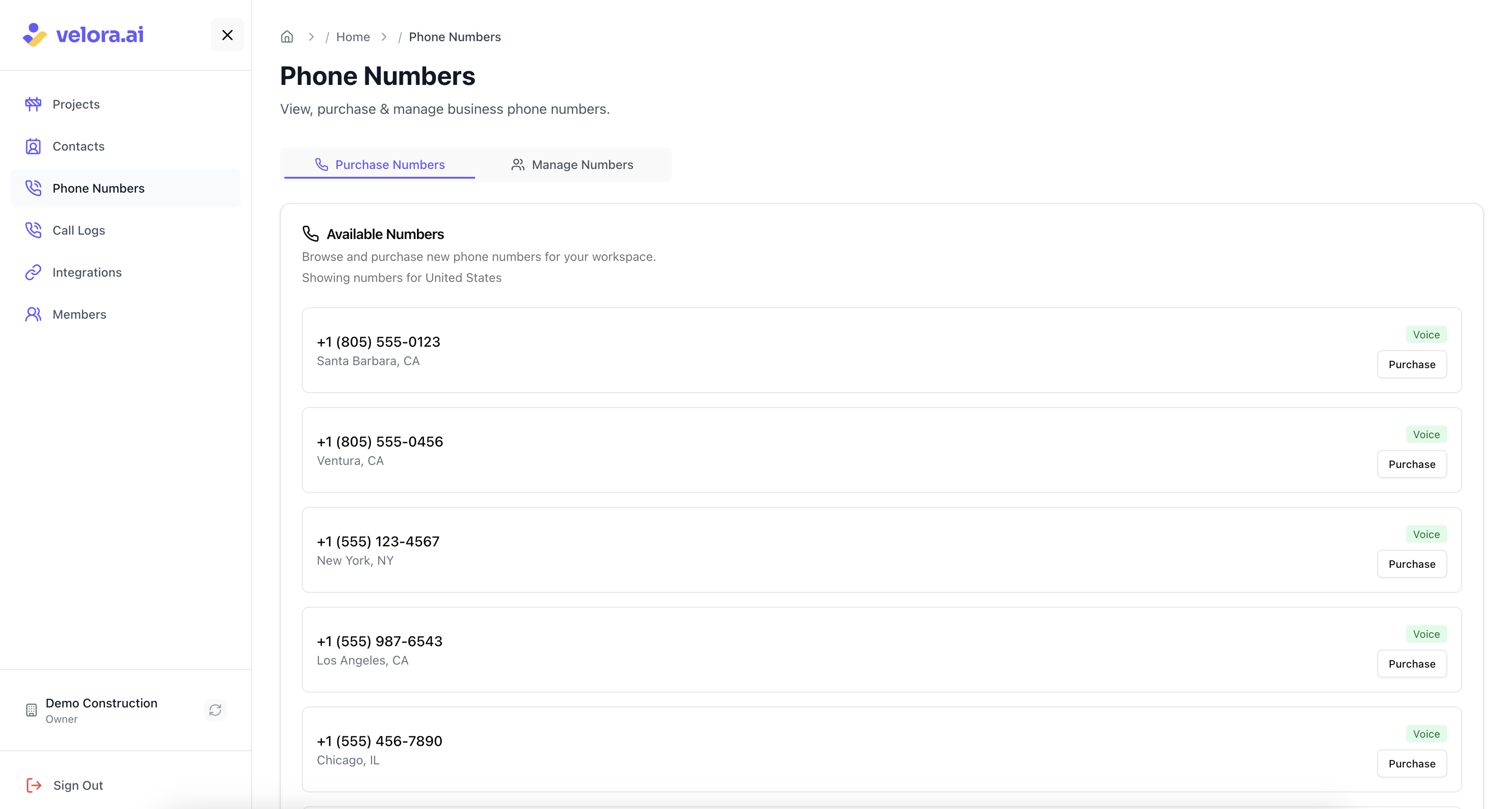 Purchase Numbers interface for Voice AI Construction Project Management Purchase Numbers Interface for Voice AI Construction Project Management
