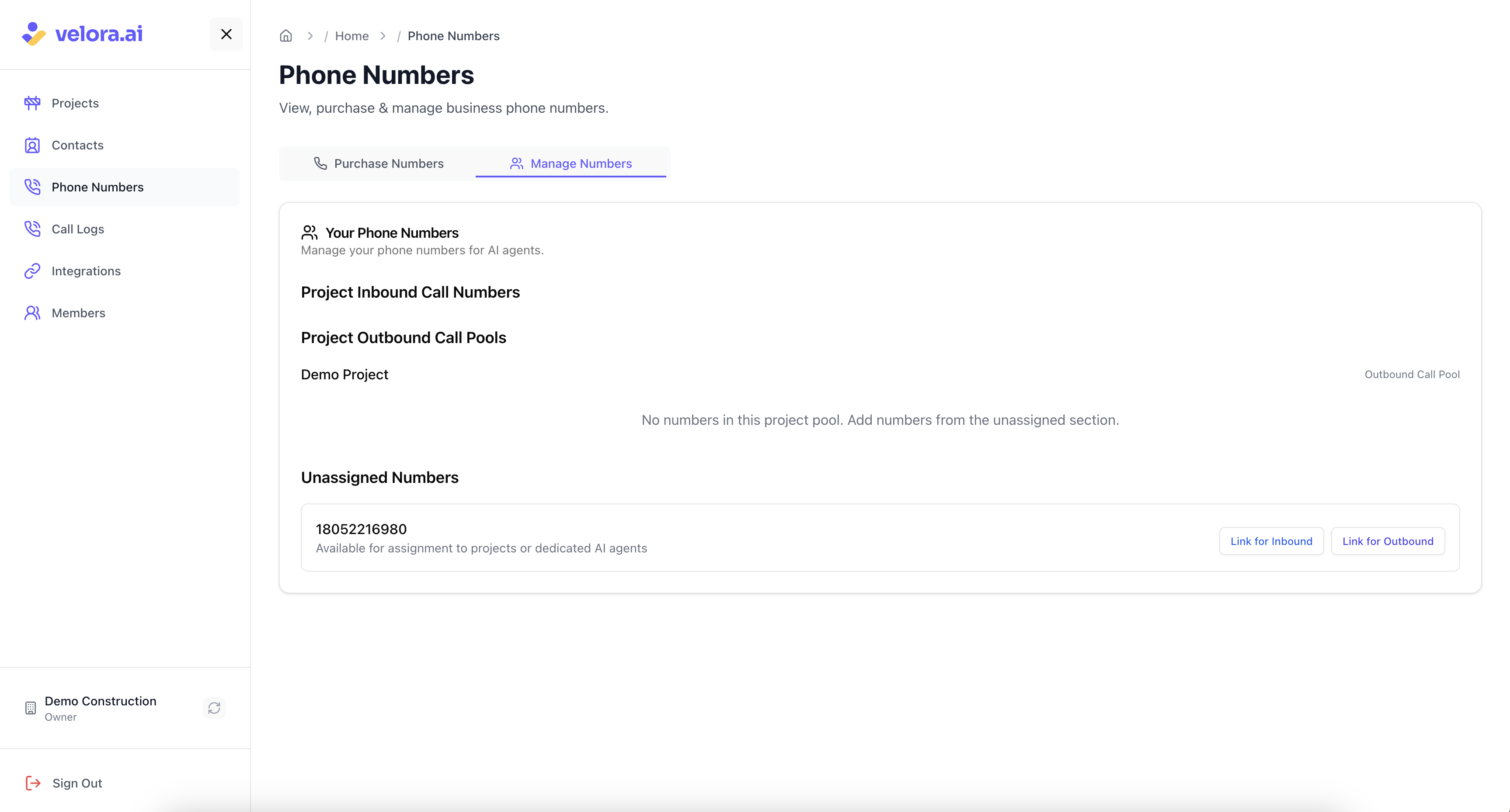 Access phone number management interface and view unassigned numbers Manage Numbers sub-tab interface showing unassigned phone numbers for Voice AI Construction Project Management