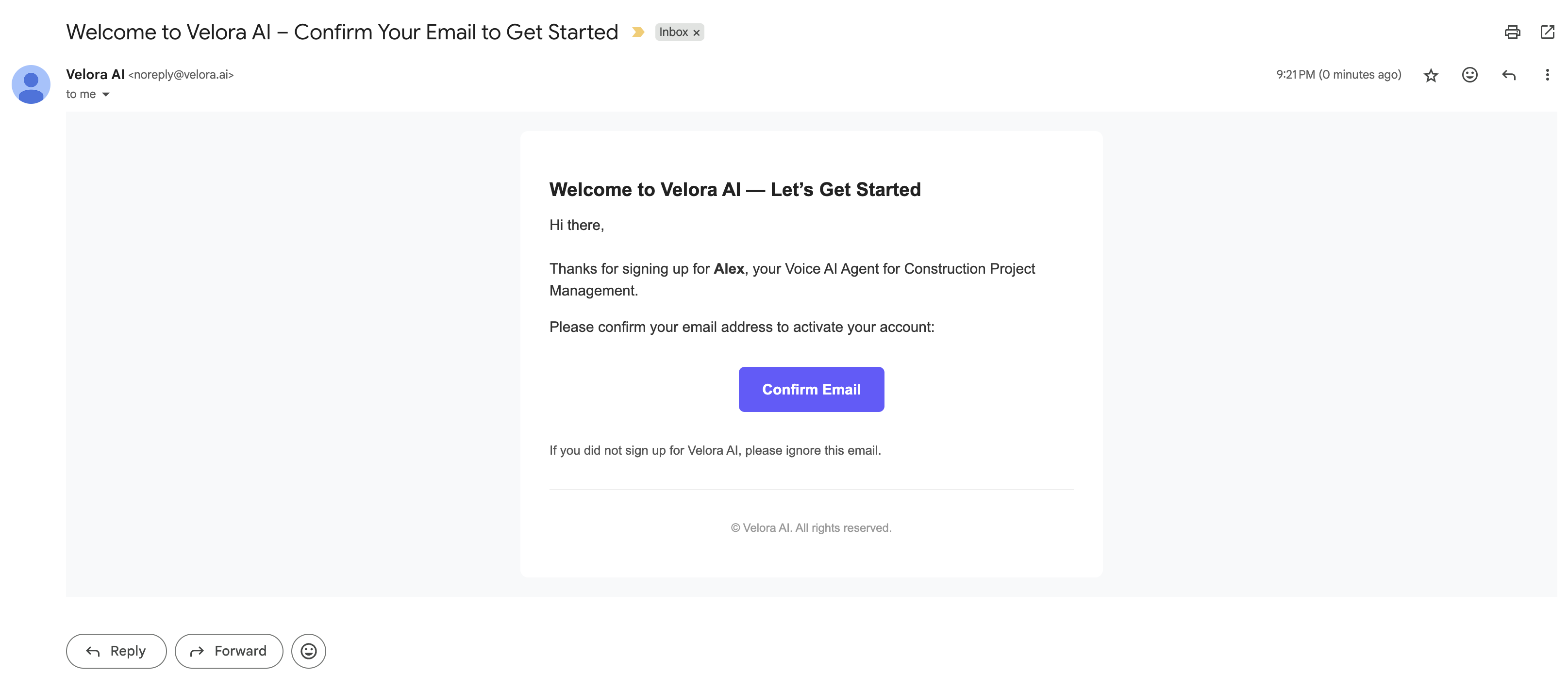 Verify your email for Voice AI Construction Assistant Velora AI Email Confirmation for Construction Project Management