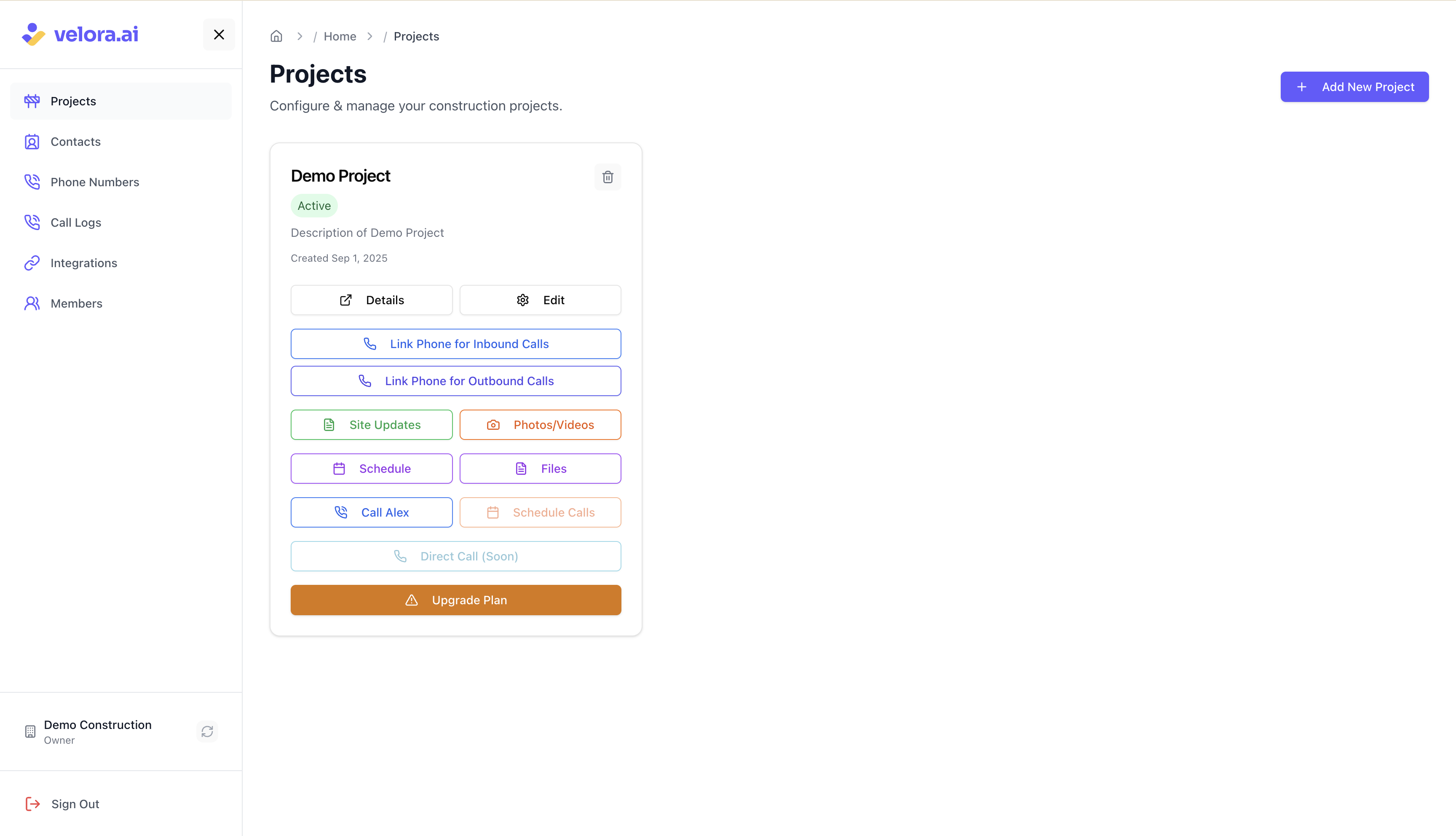 Construction project management dashboard with Voice AI Home Dashboard with Construction Project