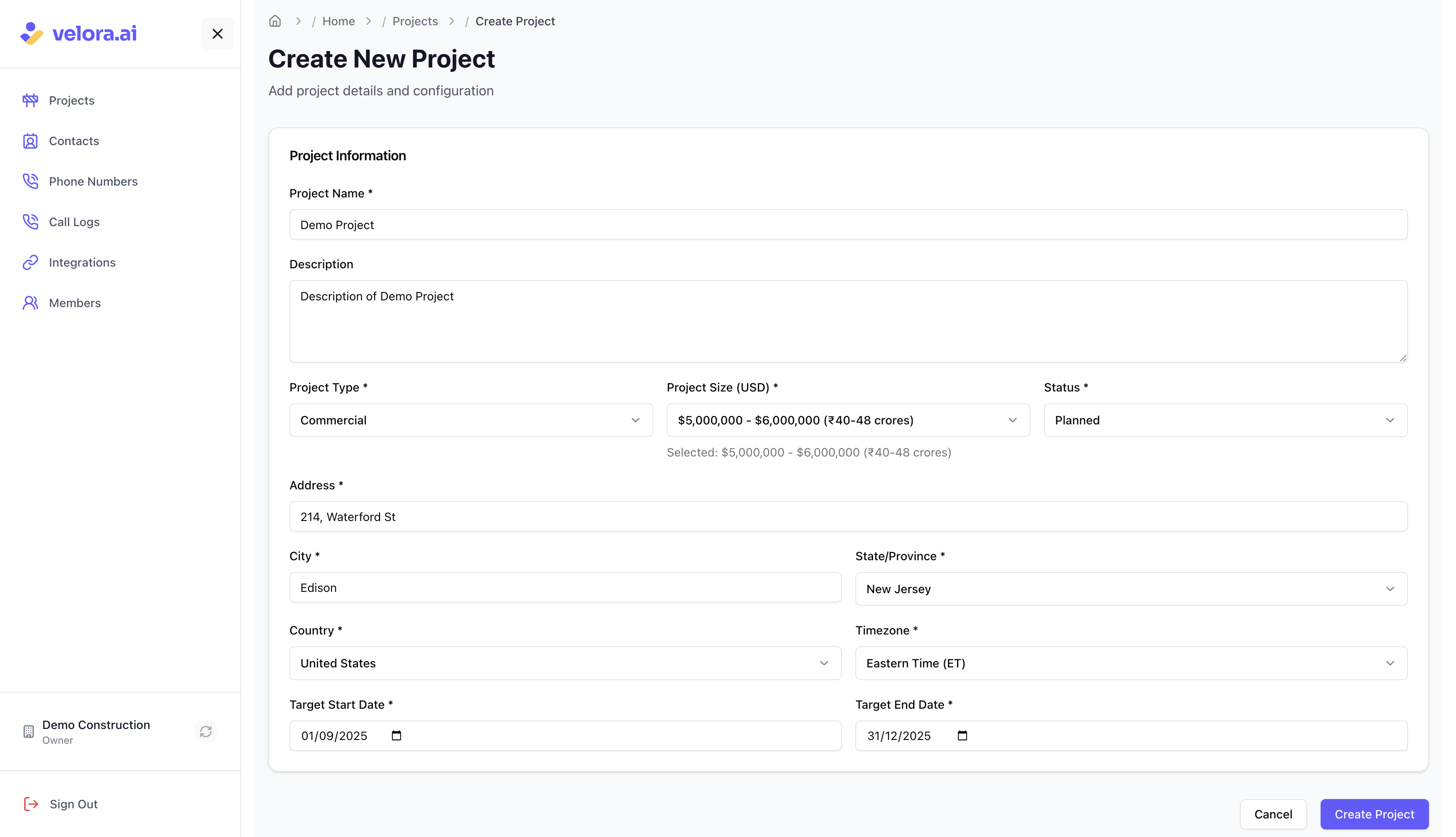 Create new construction project with Velora AI New Project Form for Construction AI