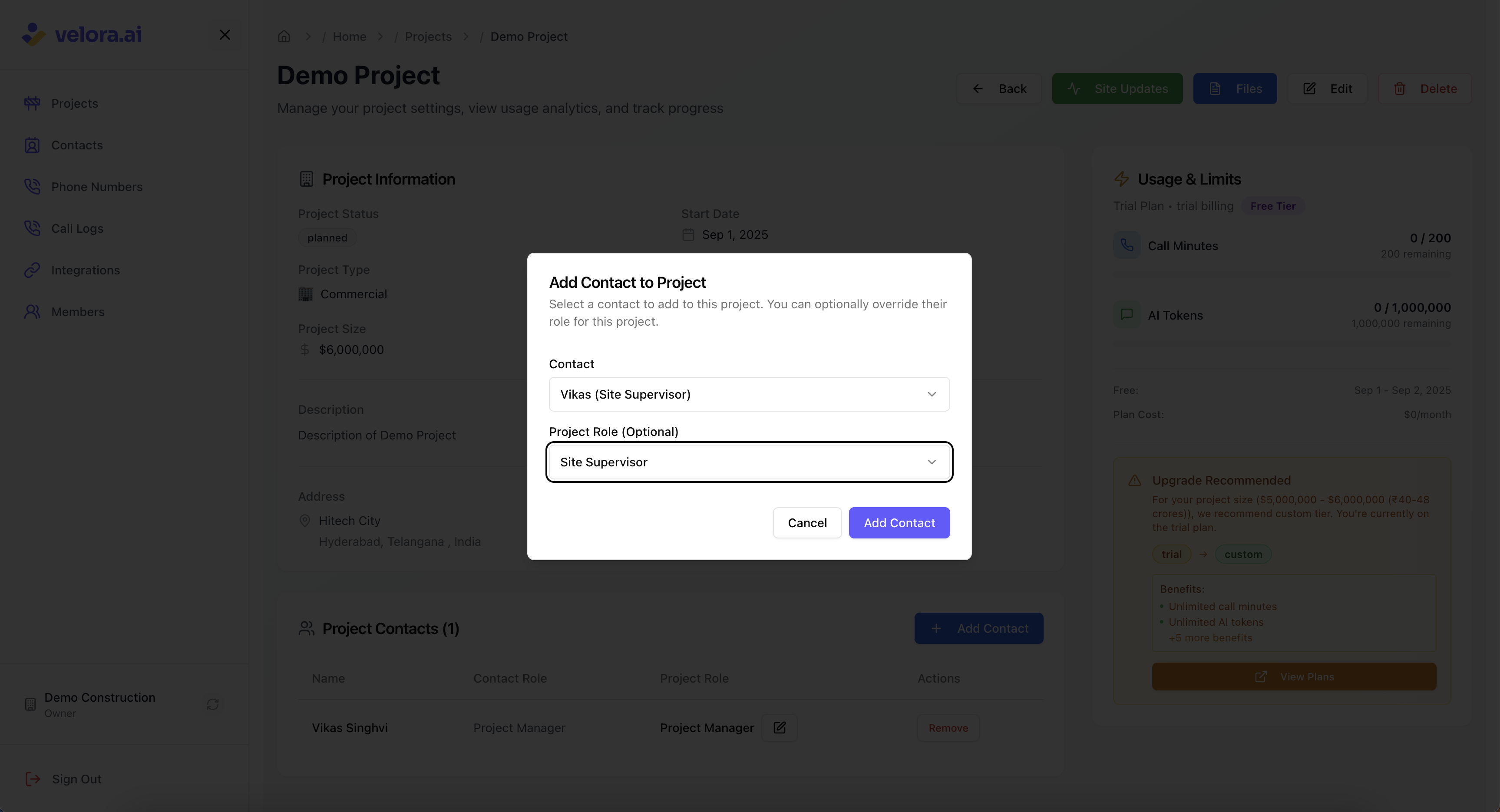 Add team members to construction project Add Project Contact Interface for Voice AI Construction Platform
