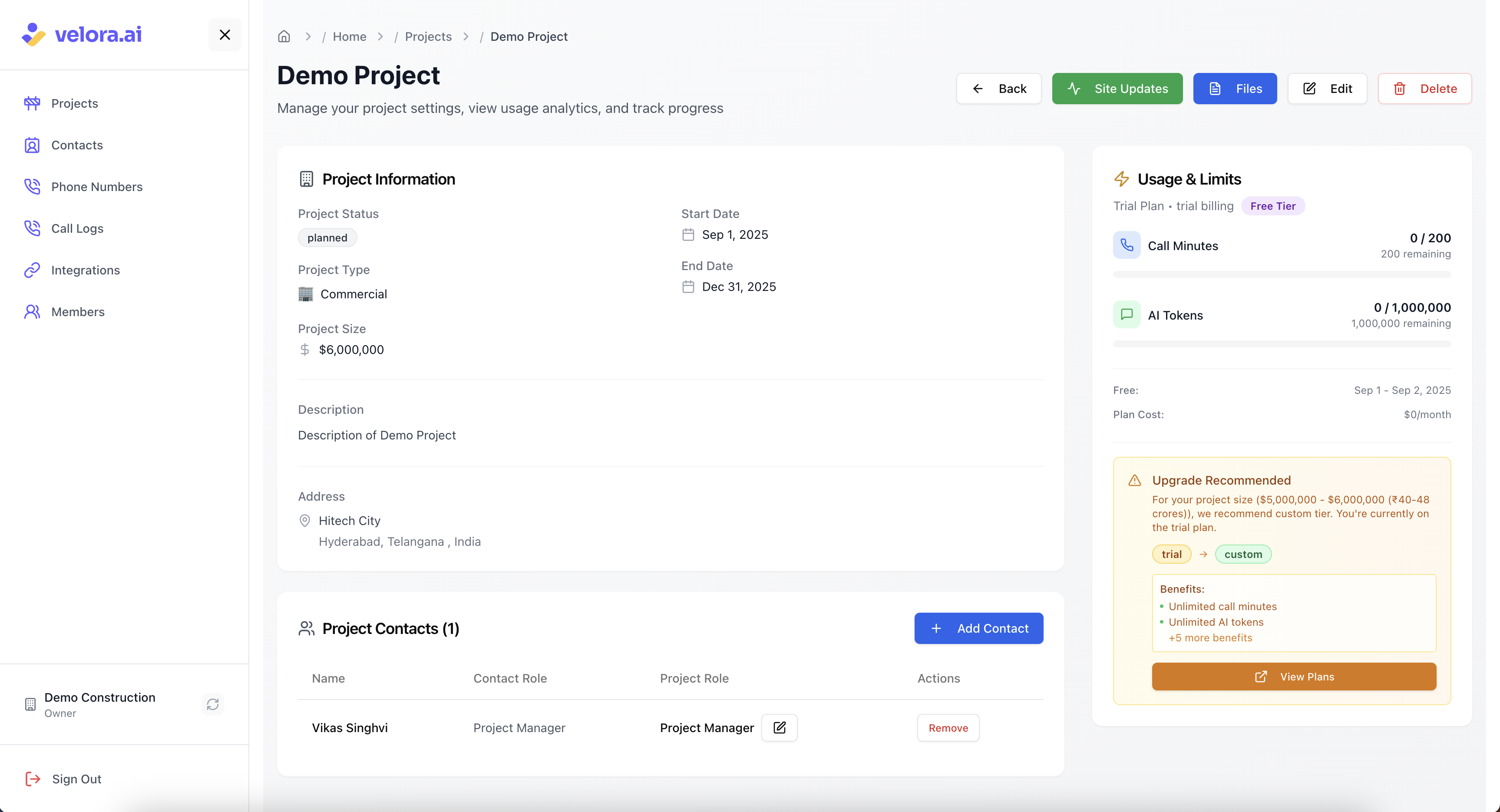 Manage construction project team and settings Project Details Screen for Voice AI Construction Platform