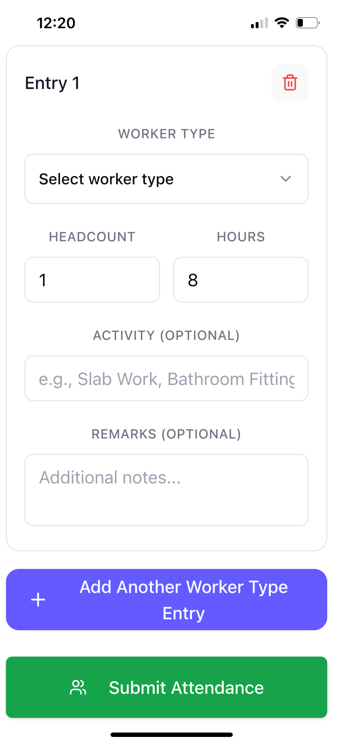 Bulk Attendance Entry Form for Voice AI Construction Project Management