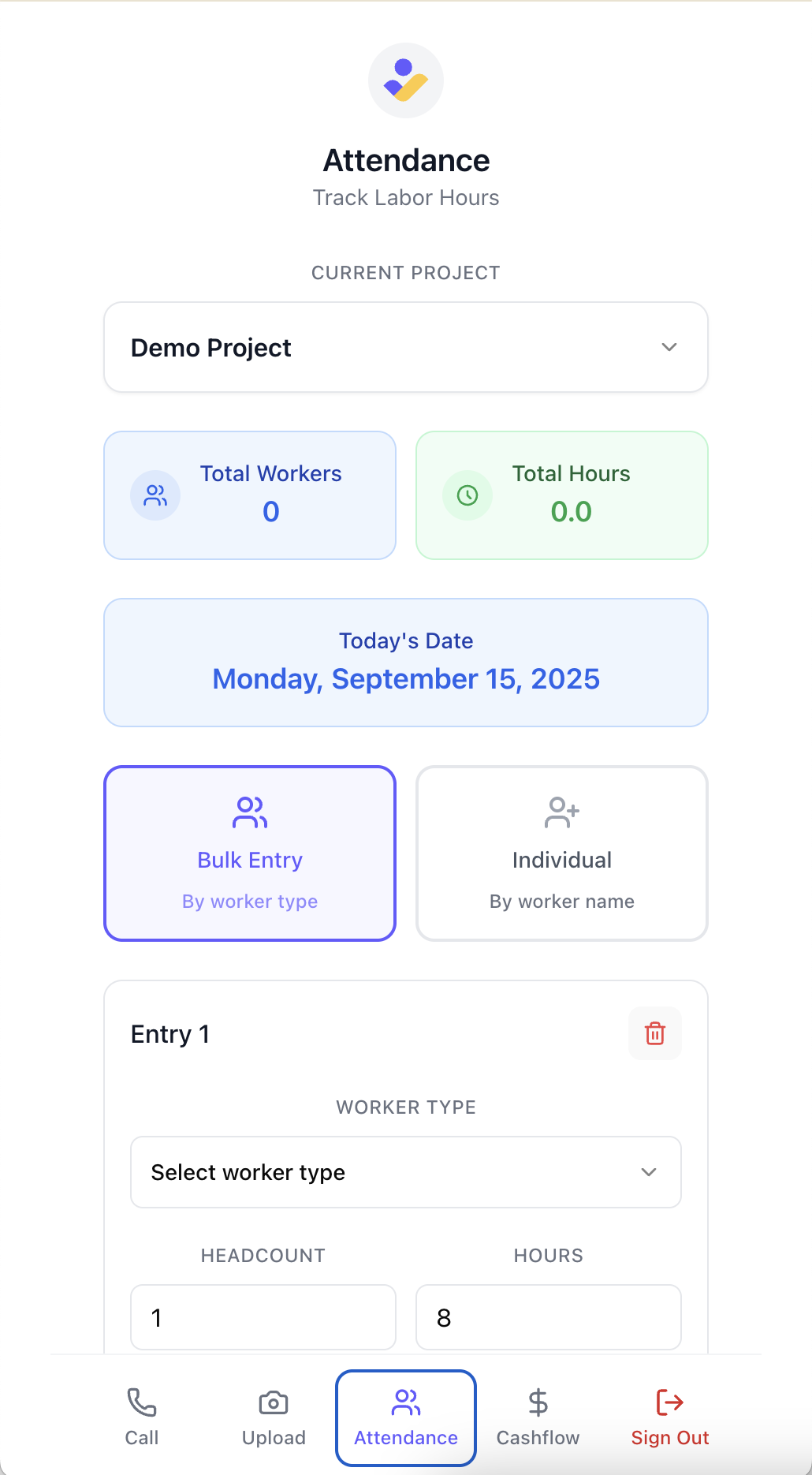 Track labor hours and attendance from construction site Attendance Tracking Screen for Voice AI Construction Project Management
