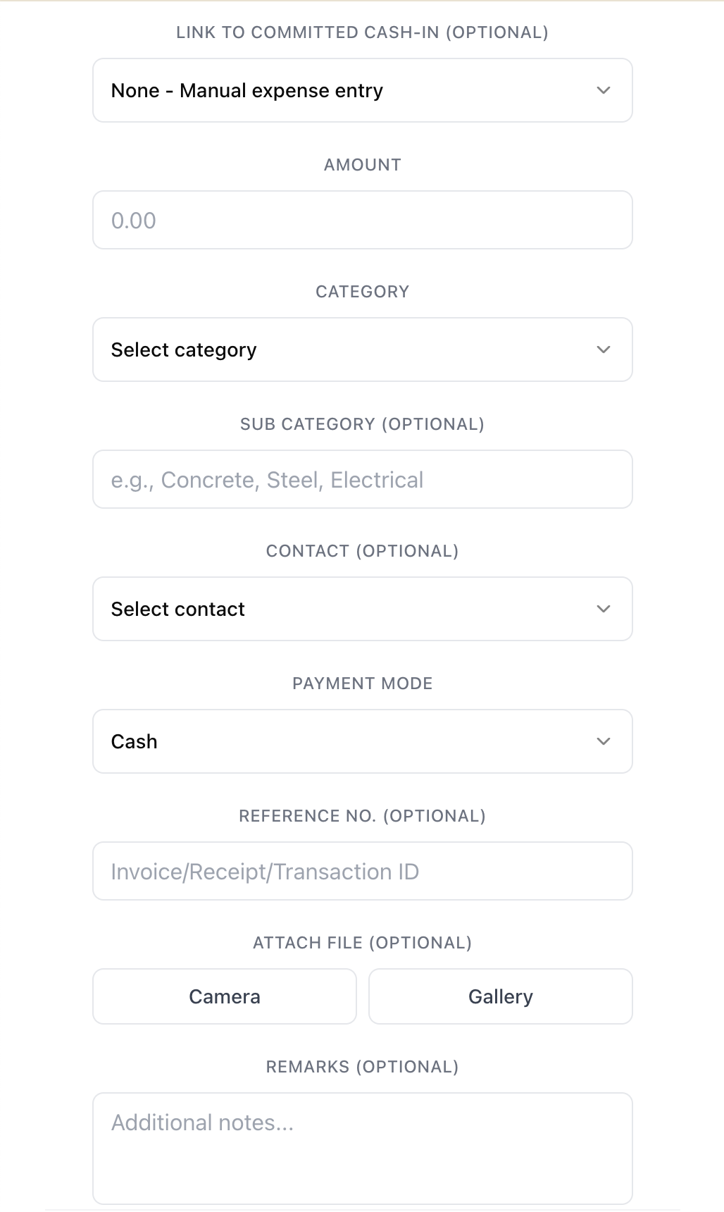 Complete expense recording form with all required fields Cashflow Expense Form for Voice AI Construction Project Management