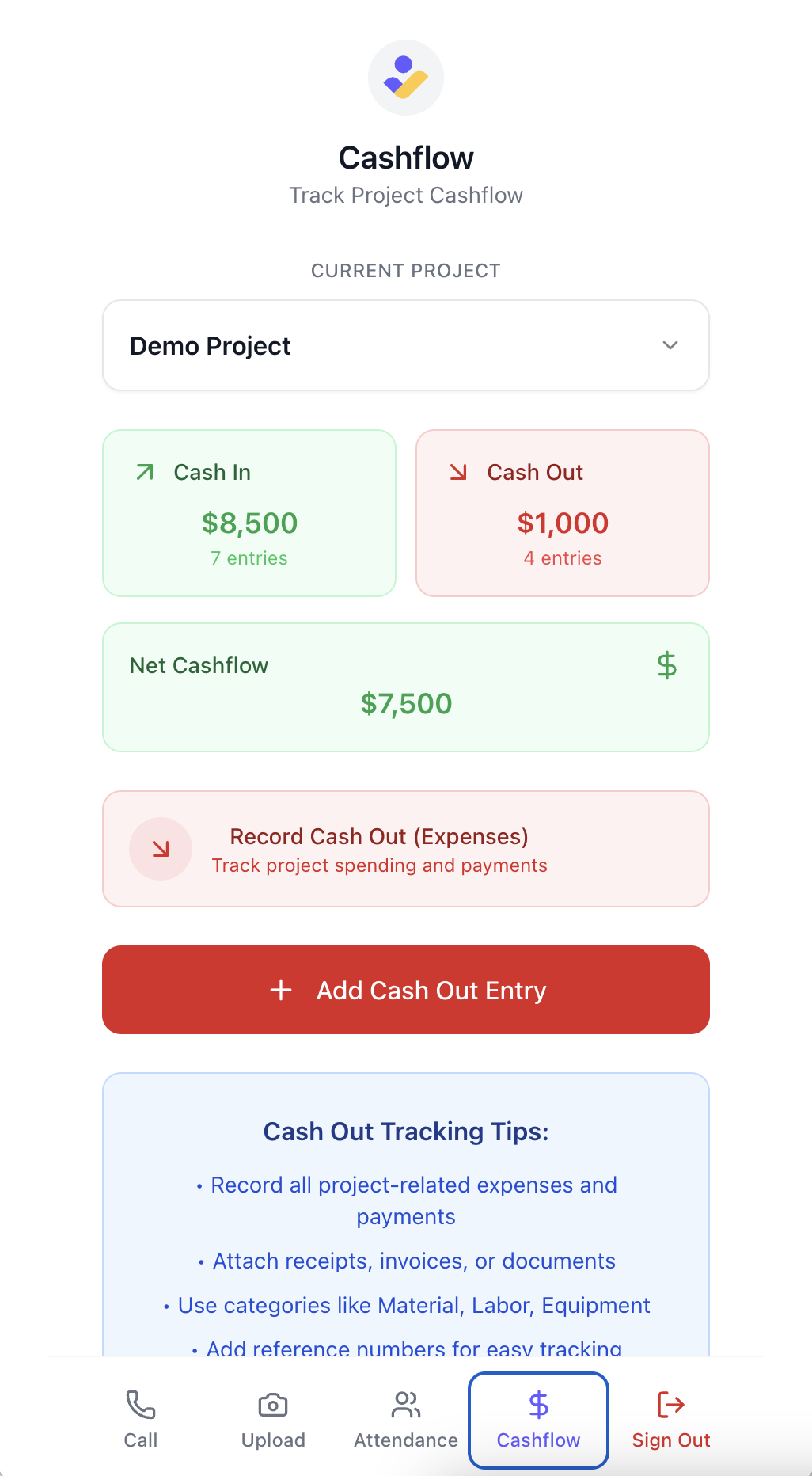 Record project expenses and cash out from construction site Cashflow Expenses Screen for Voice AI Construction Project Management