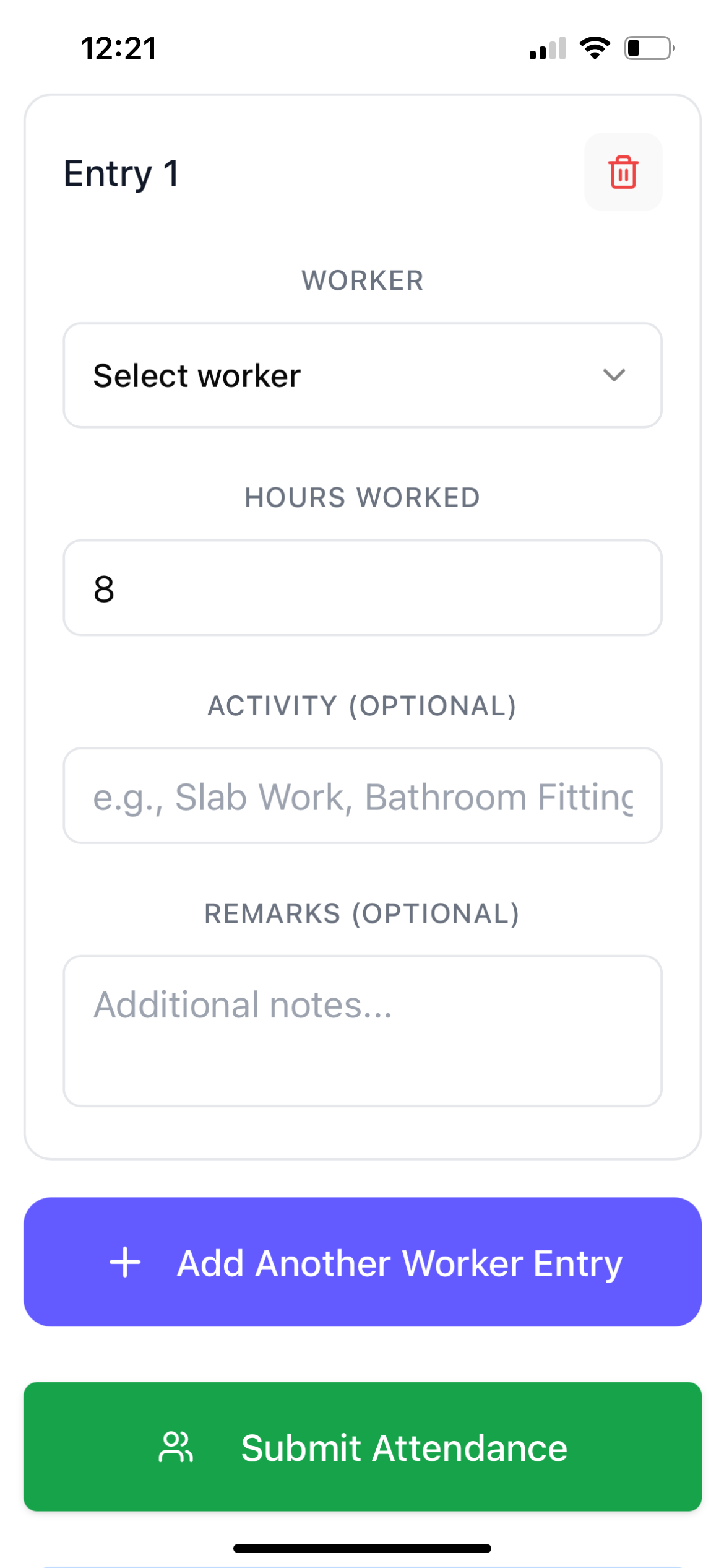 Individual Attendance Entry Form for Voice AI Construction Project Management