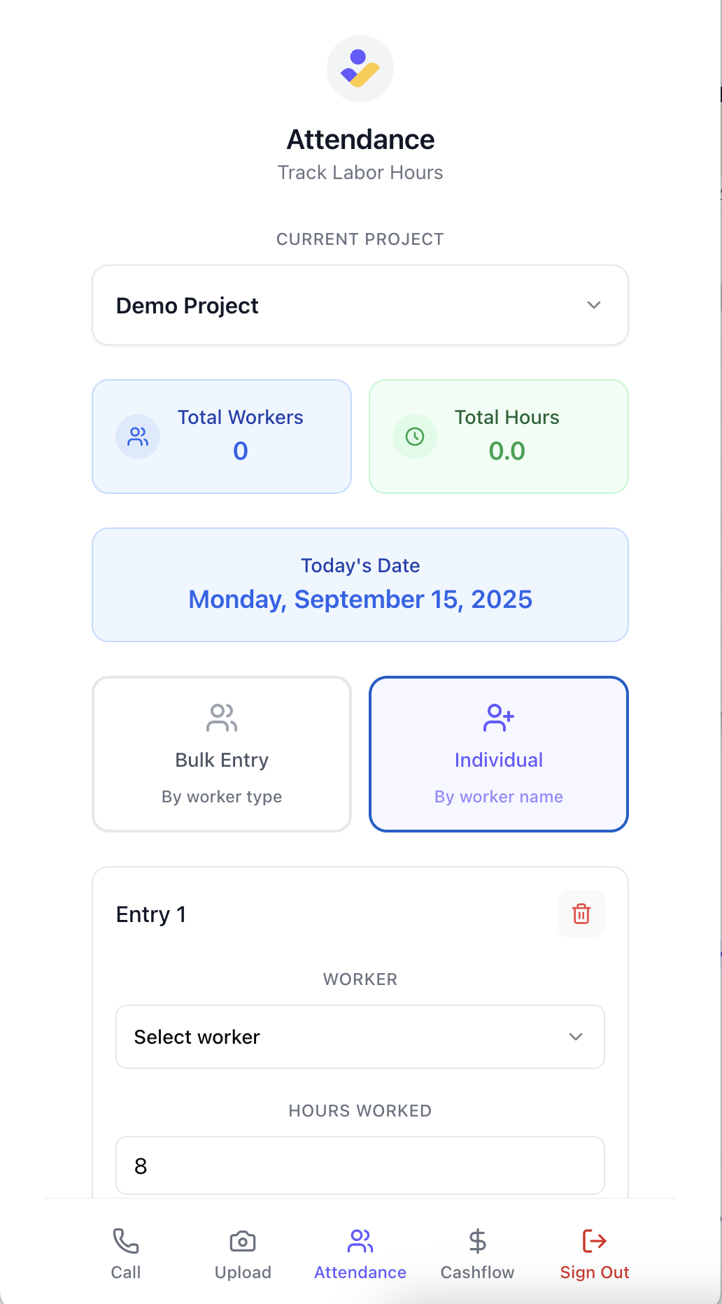 Log attendance for specific workers by name Individual Attendance Entry Screen for Voice AI Construction Project Management