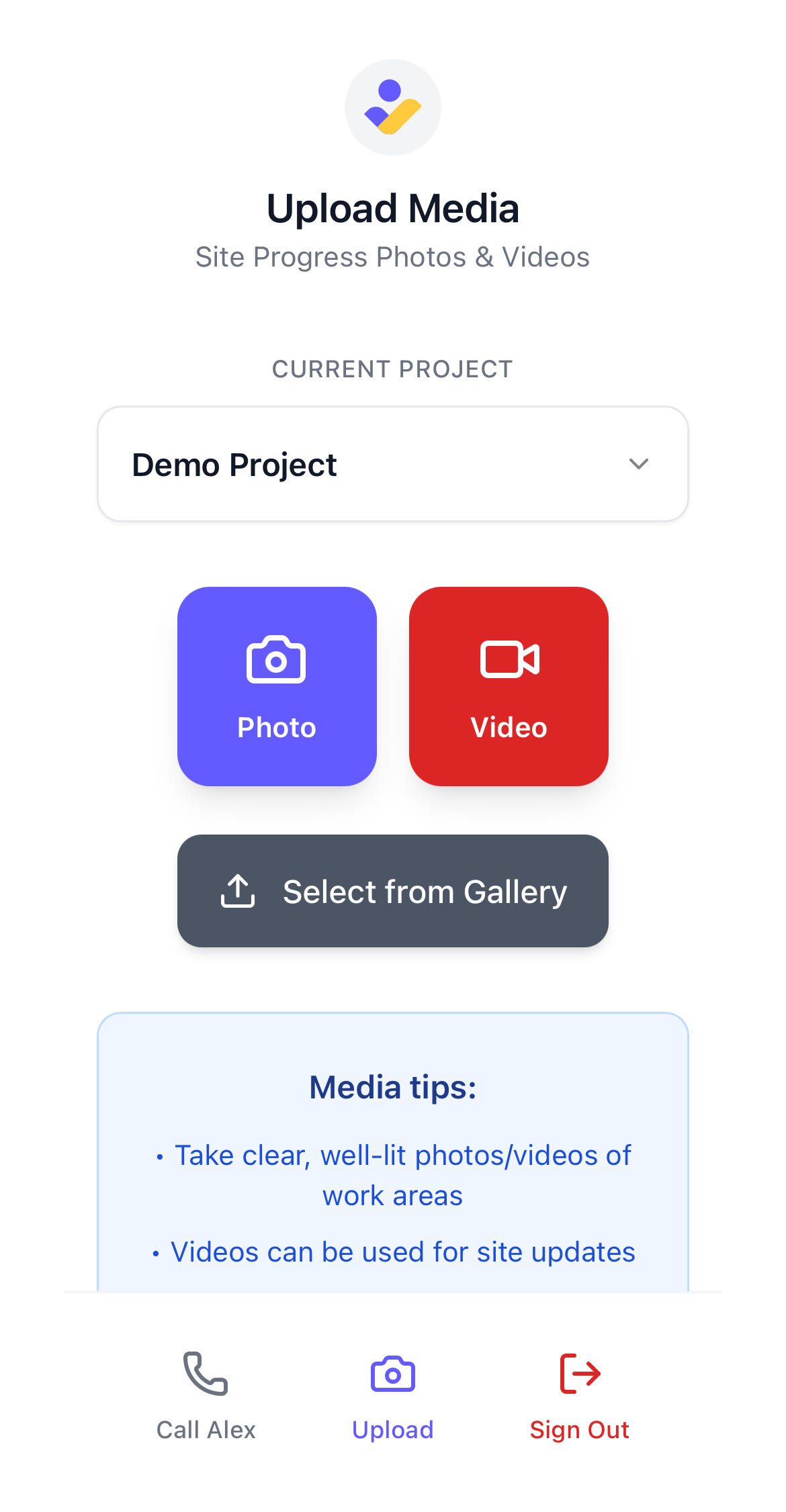 Share photos and videos from construction site Upload Media Screen for Voice AI Construction Project Management