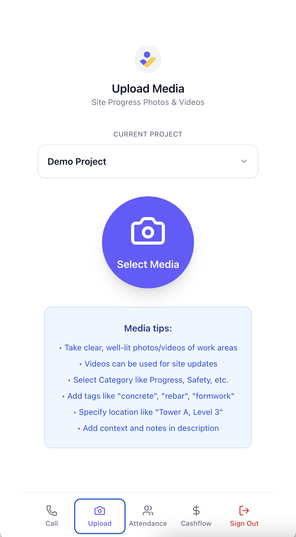 Share photos and videos from construction site Upload Media Screen for Voice AI Construction Project Management