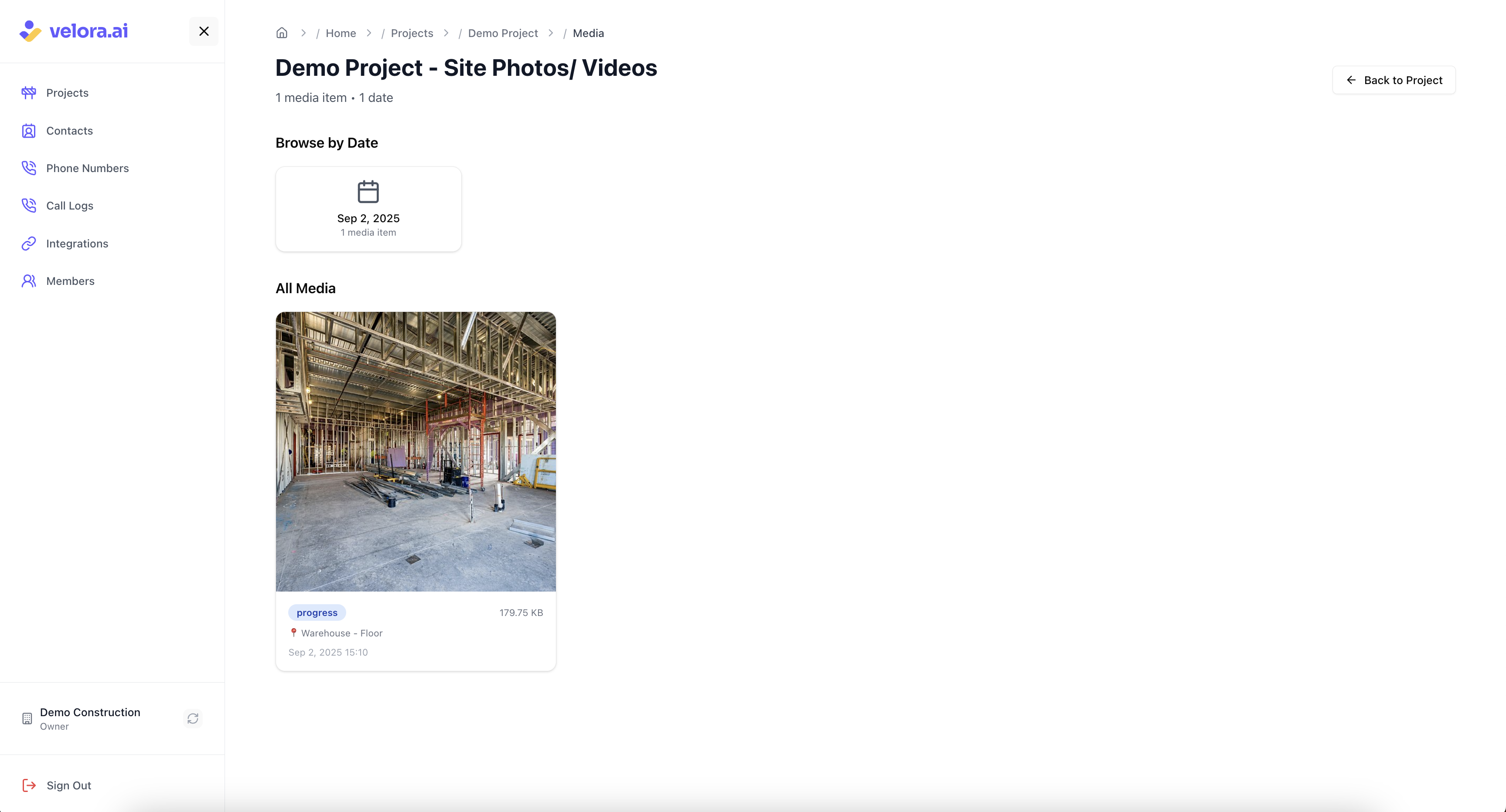 Visual documentation gallery for construction projects Site Media Gallery for Voice AI Construction Platform