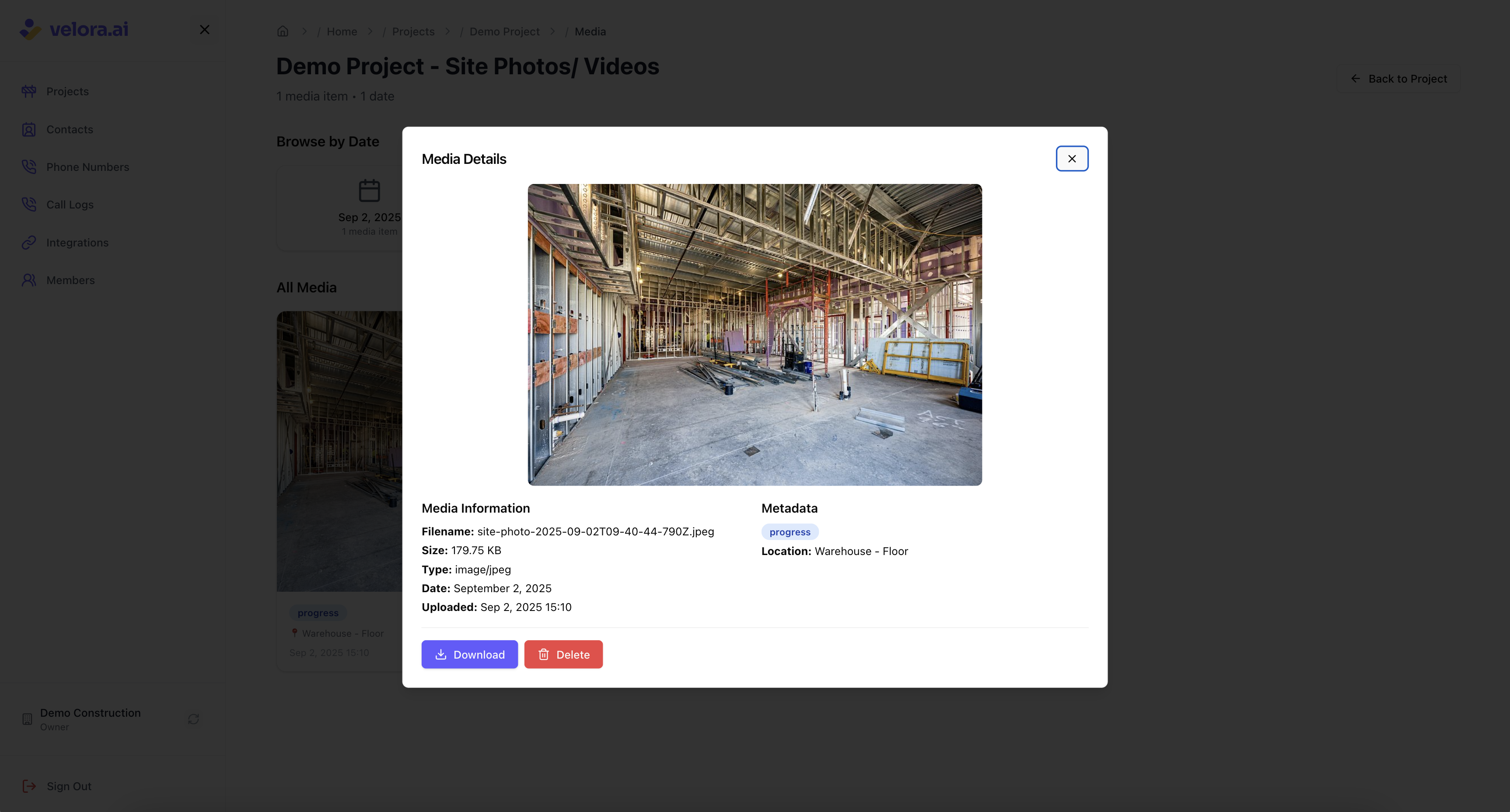 Detailed view of construction site media View Media Full Screen for Voice AI Construction Platform