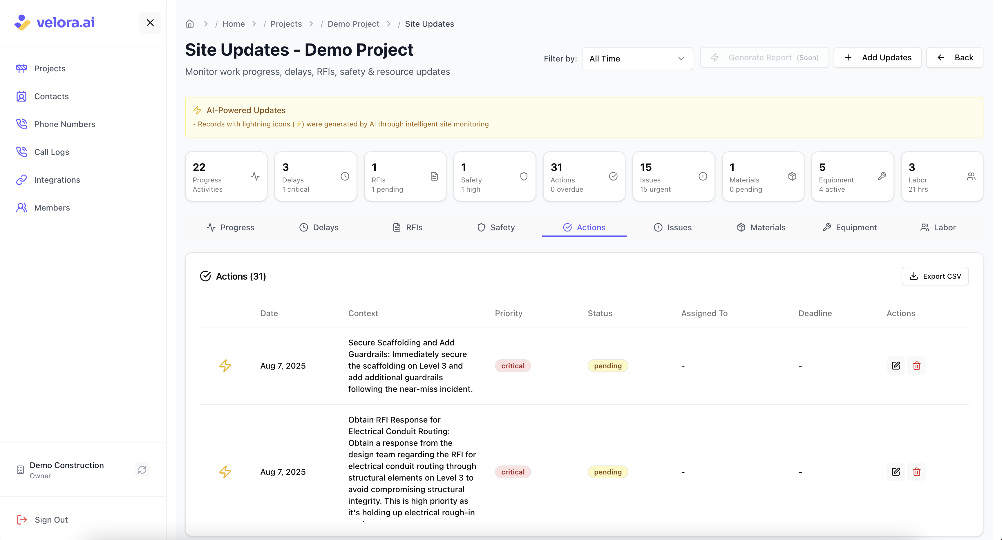 Manage construction action items with AI tracking Action Items Updates for Voice AI Construction Platform