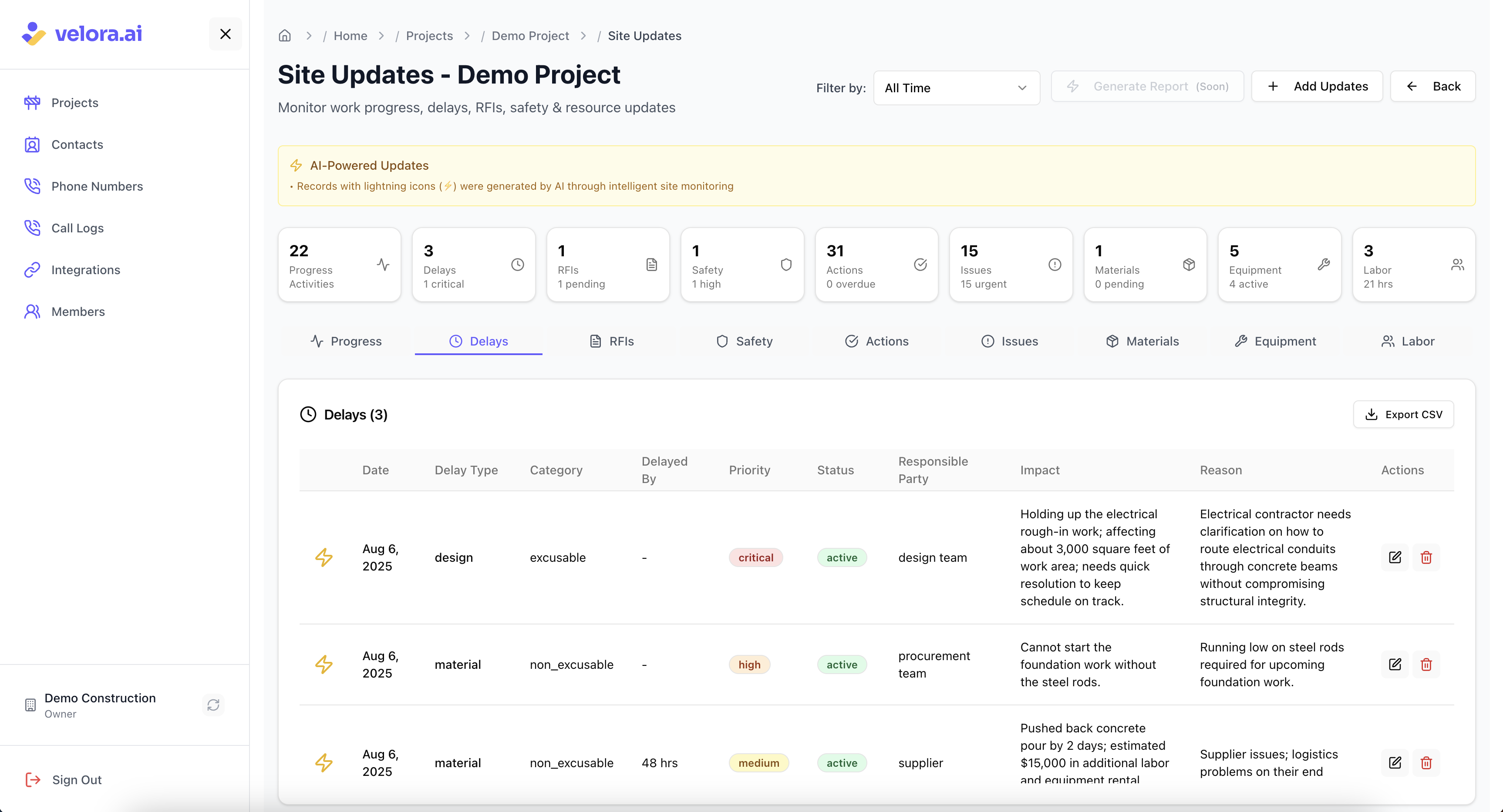 Track construction delays and schedule impacts Delay Updates for Voice AI Construction Platform