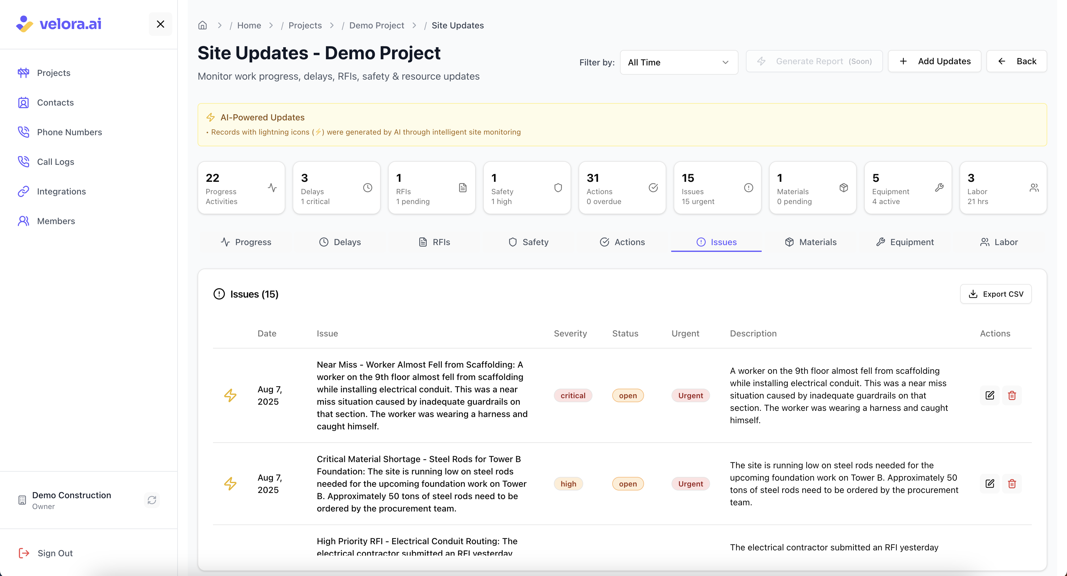 Track construction issues with AI monitoring Issues Updates for Voice AI Construction Platform