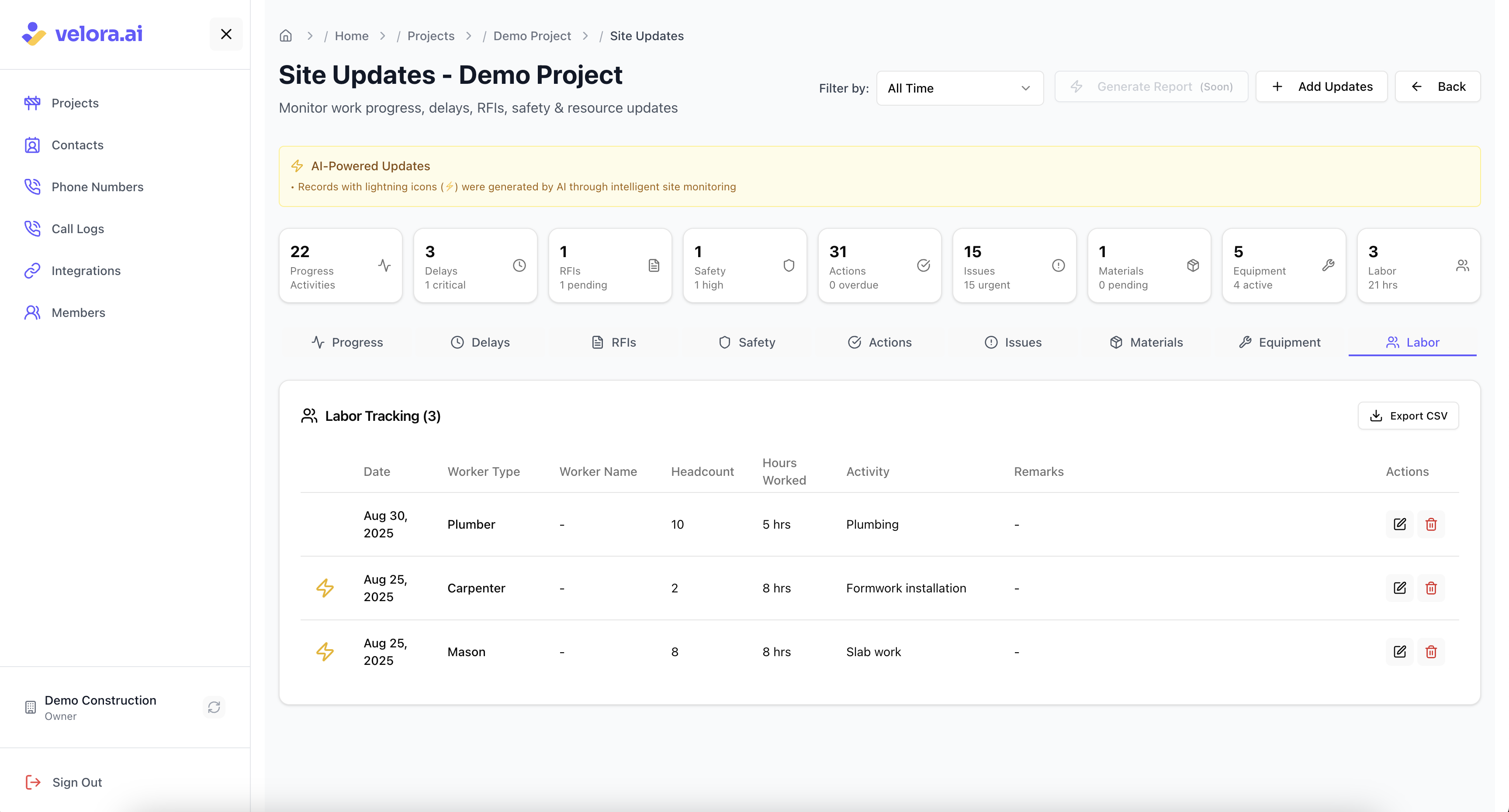 Track construction labor with AI insights Labor Updates for Voice AI Construction Platform