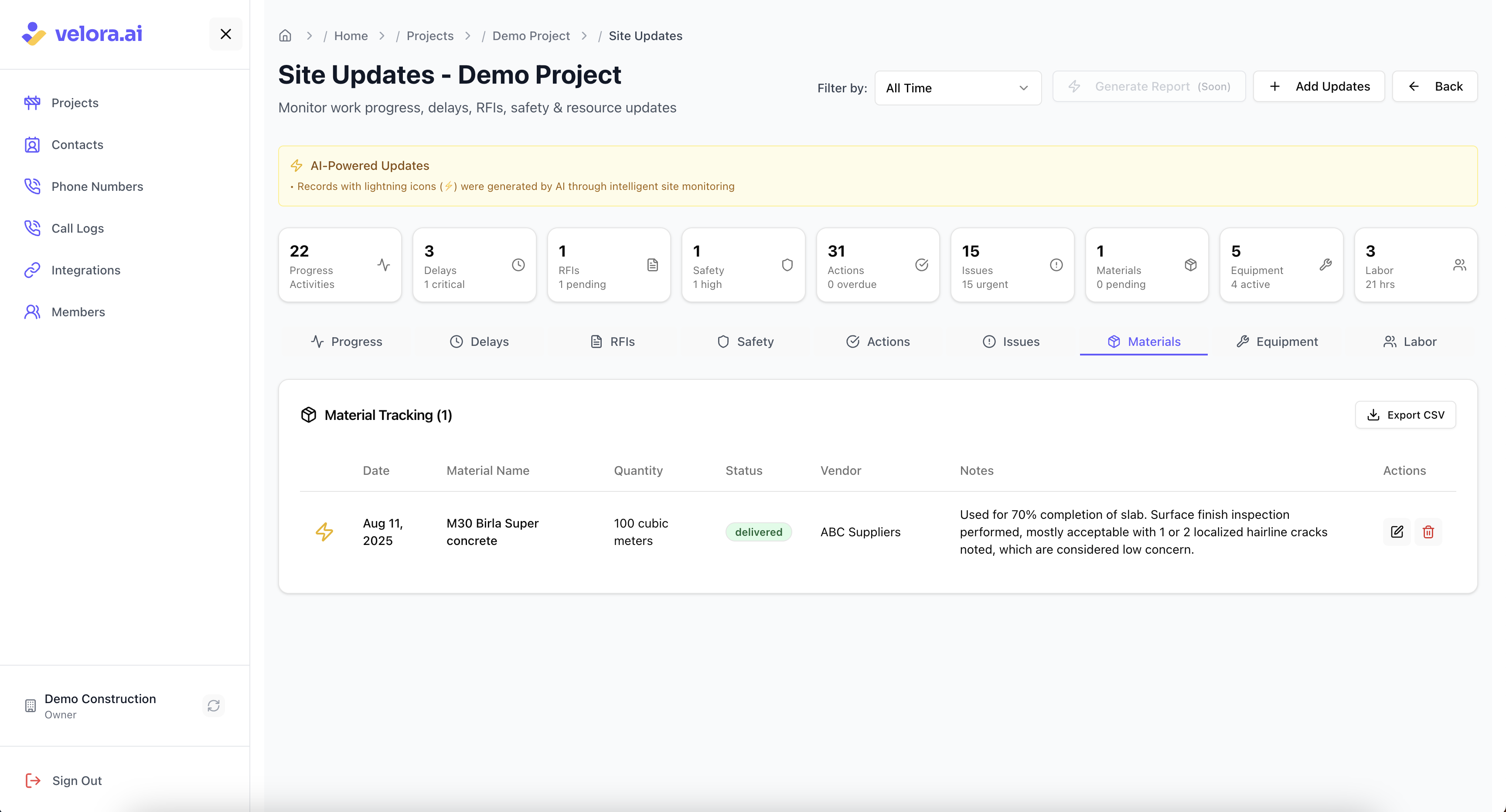 Track construction materials with AI insights Material Updates for Voice AI Construction Platform