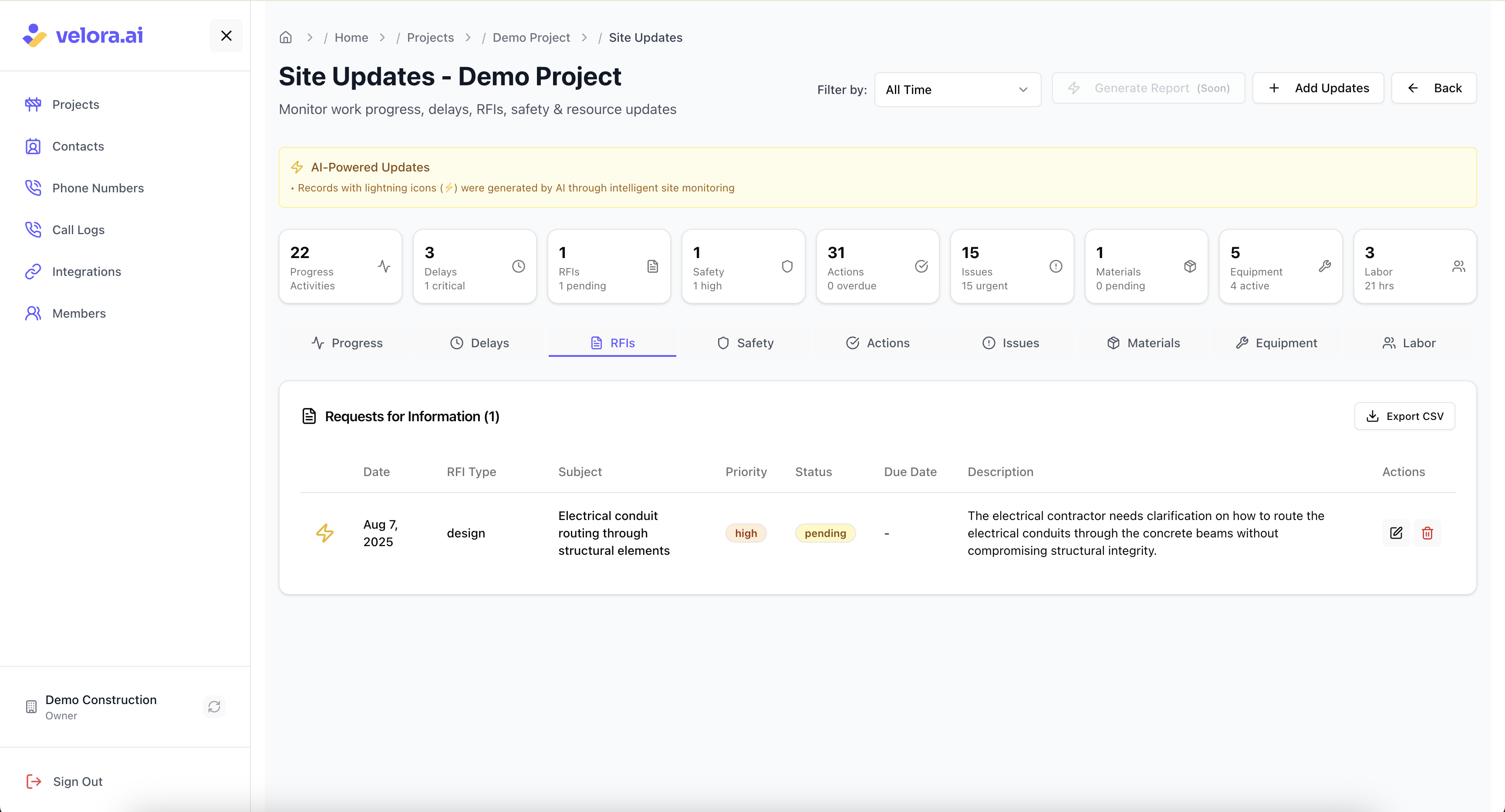 Manage construction RFIs with AI insights RFI Updates for Voice AI Construction Platform