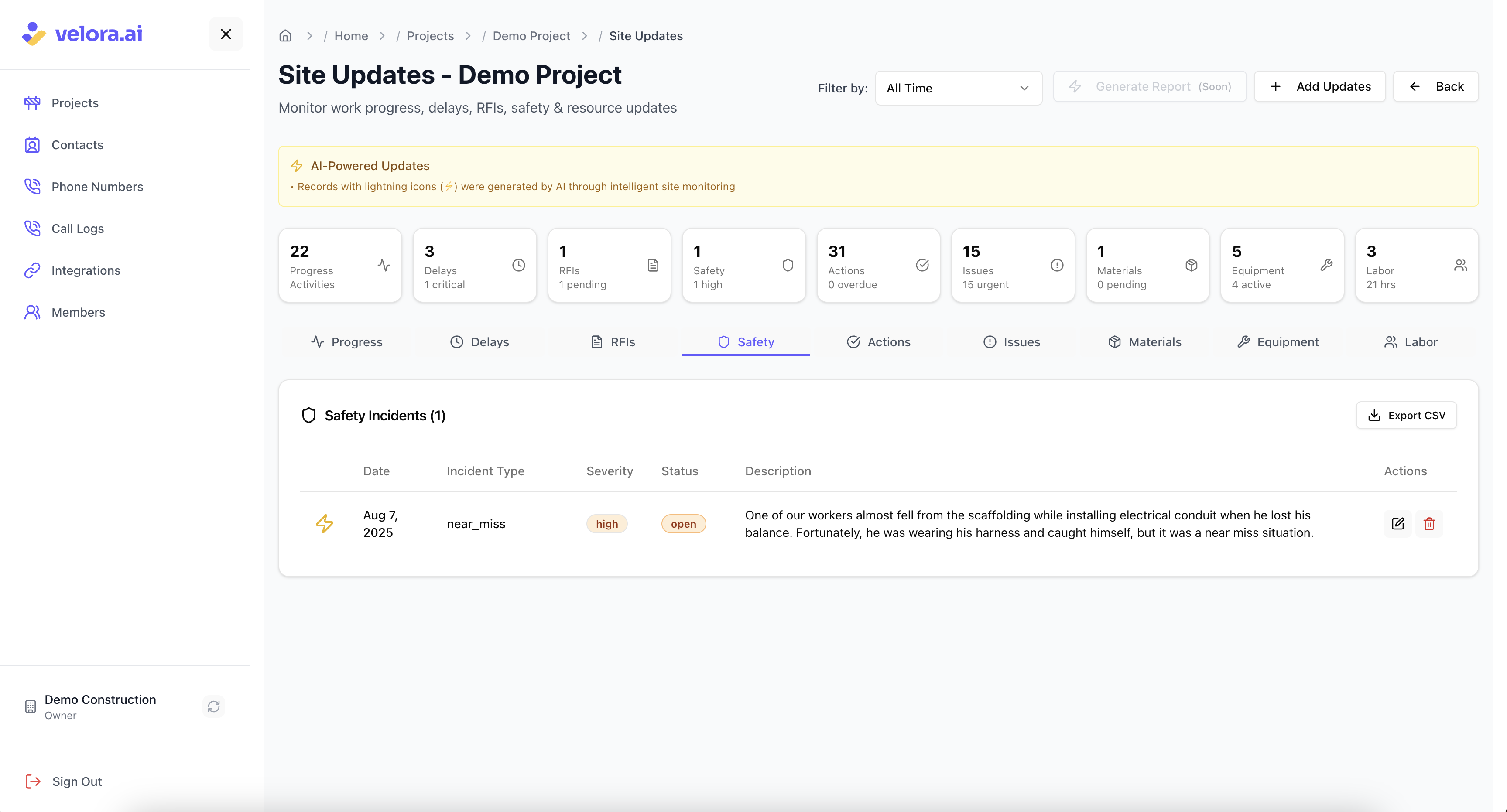 Track construction safety with AI monitoring Safety Incident Updates for Voice AI Construction Platform