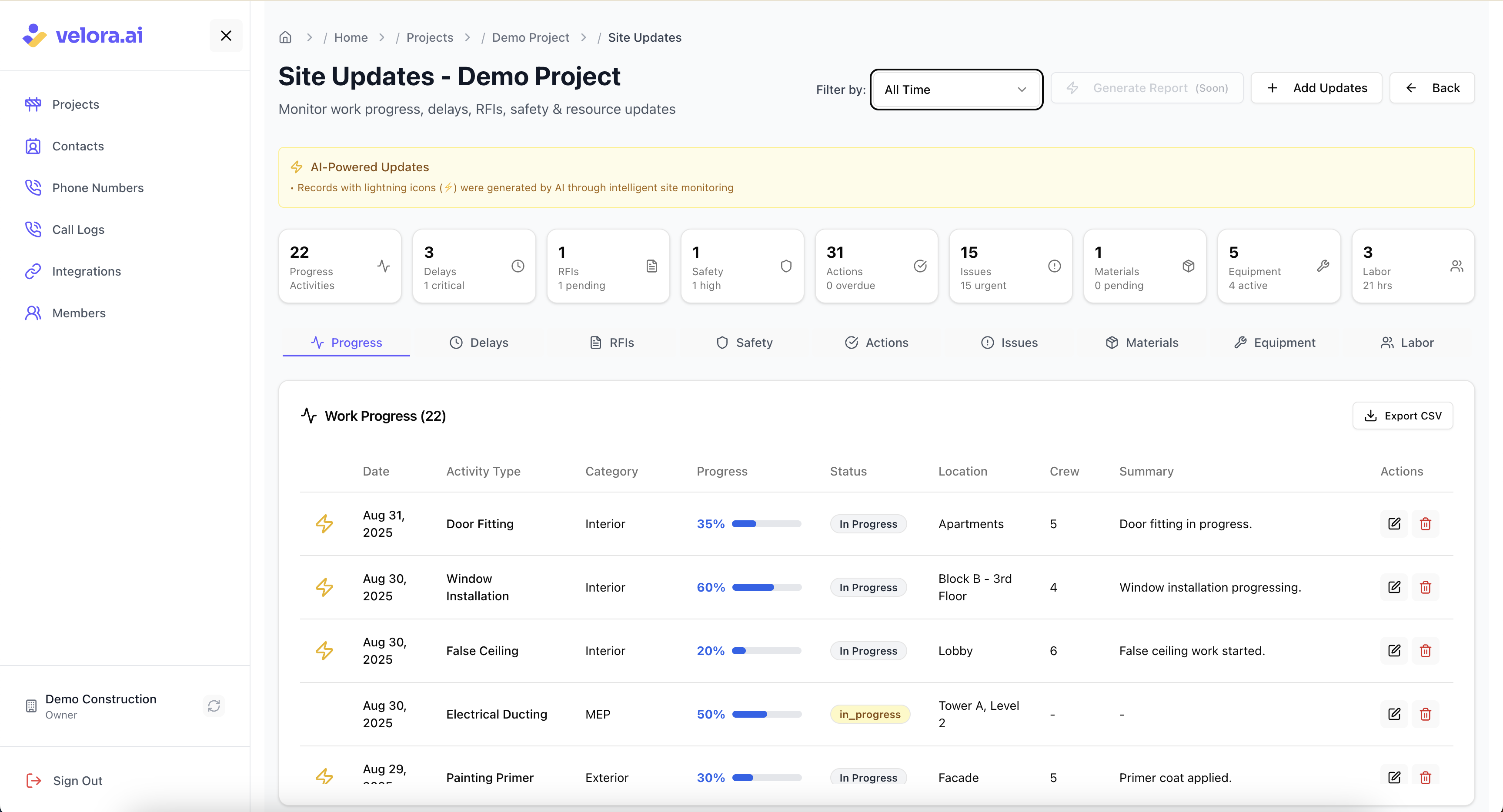 Track construction project progress with AI insights Work Progress Updates for Voice AI Construction Platform