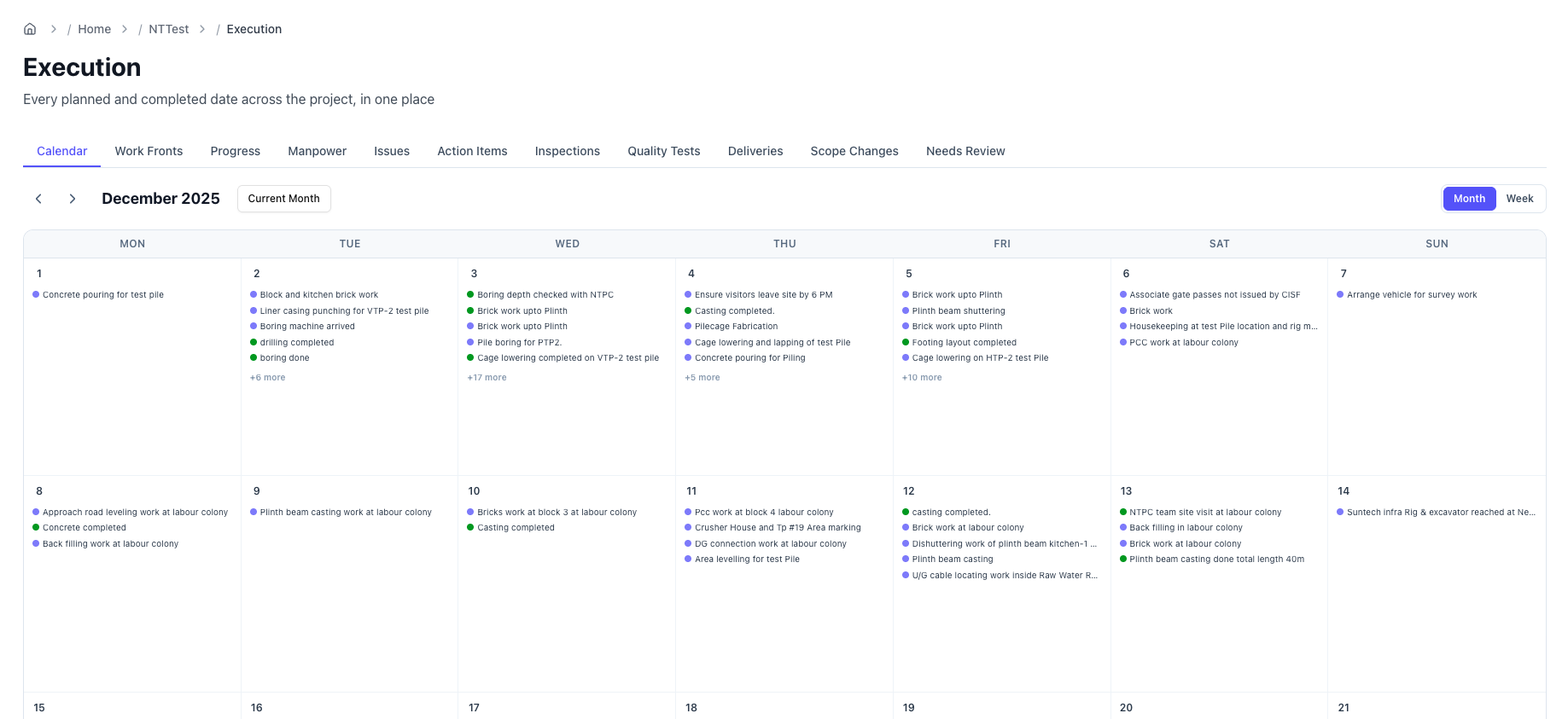Execution Calendar tab in month view with colour-coded events