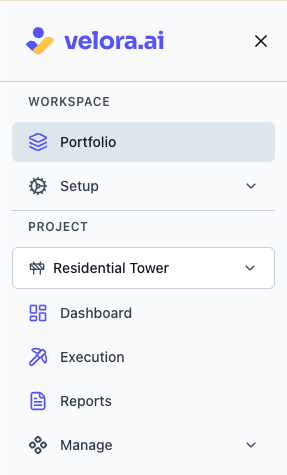 Velora Site Pro sidebar showing the project selector at the top
