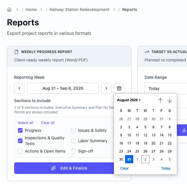 Weekly Progress Report card with the week picker and section toggles