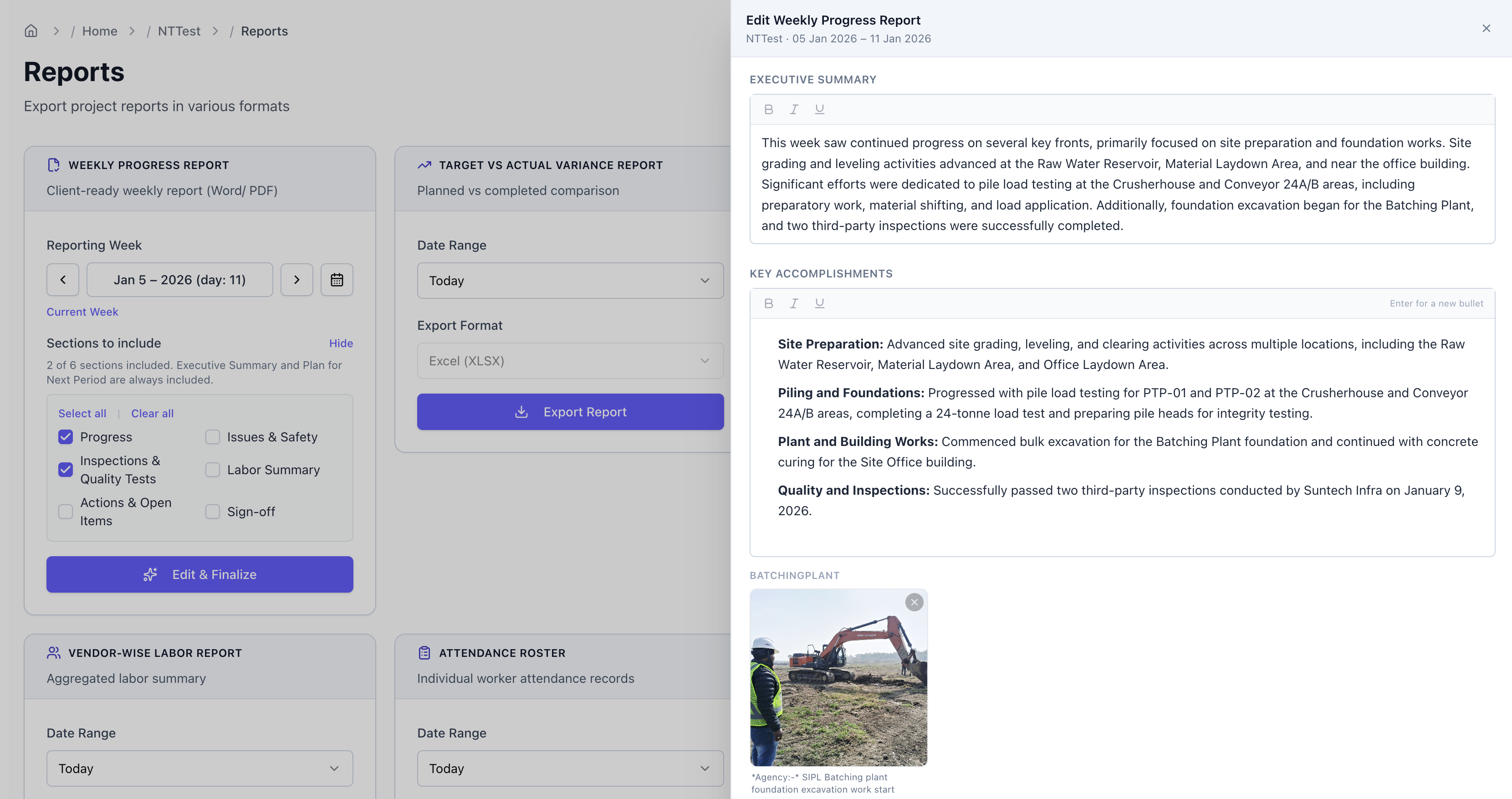 Weekly Progress Report editor drawer with editable sections and photo grids